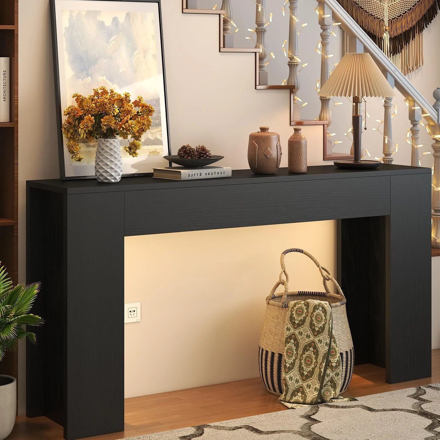 63-Inch Long Console Table with LED Light Farmhouse Sofa Table Behind Couch