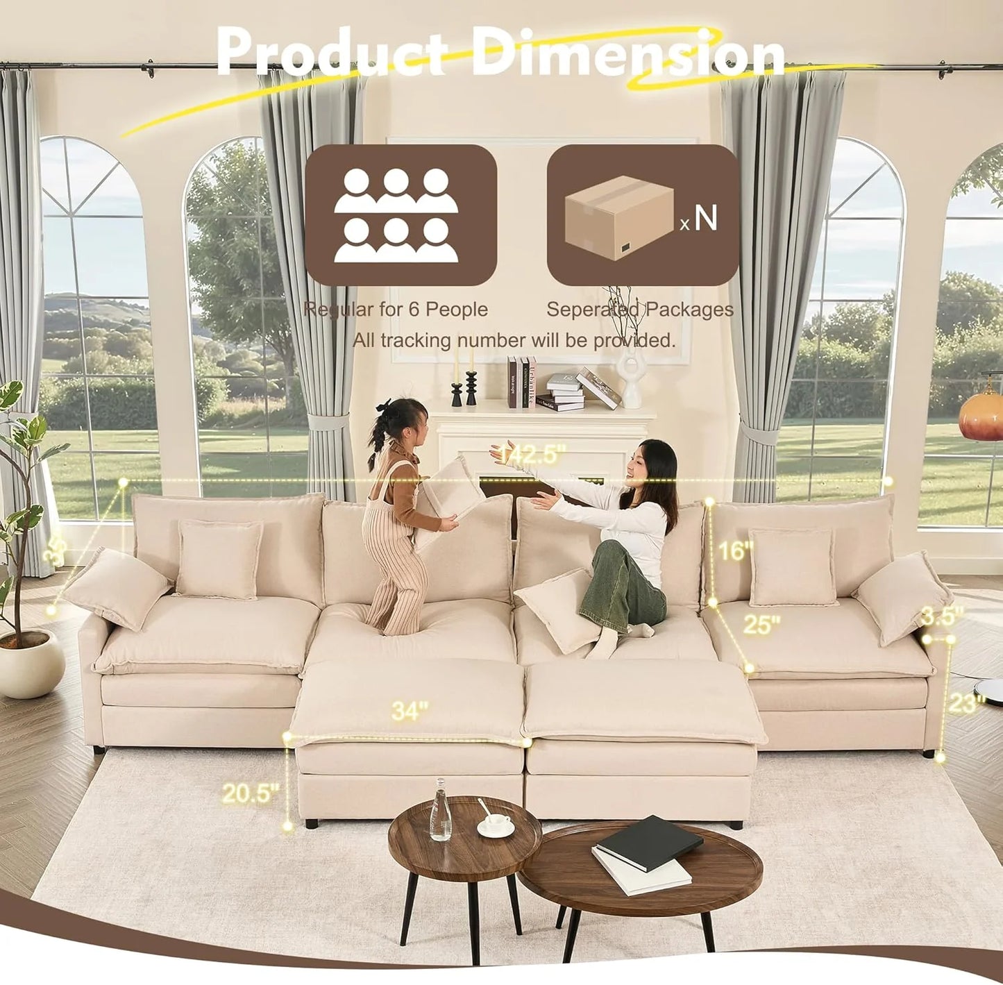 108 Inch U Shape Sofa, Sectional Sofa, Comfortable Cloud Sofa with Removable Footstool, Living Room Deep Seat Sofa, Linen, Beige