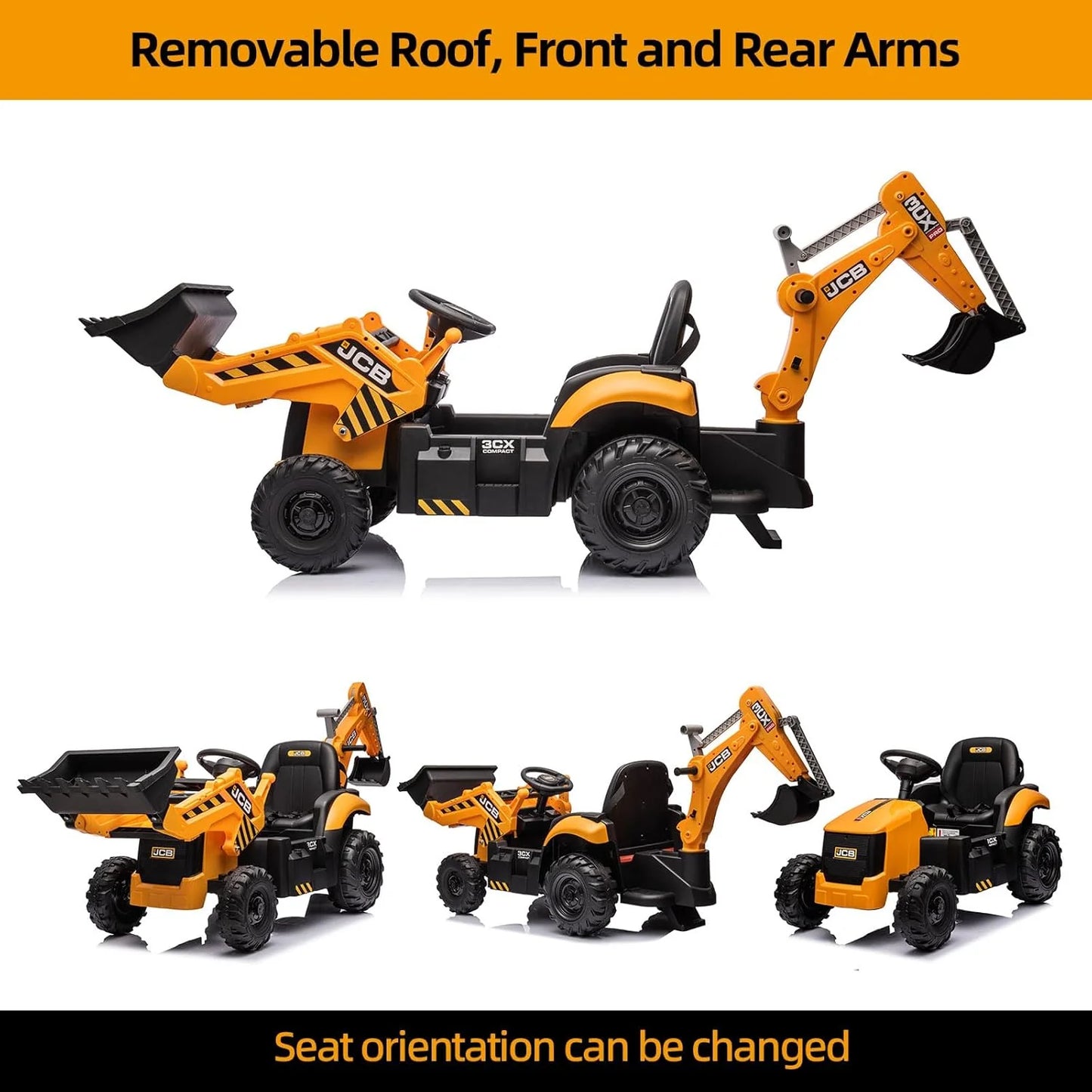 12V JCB Ride On Excavator, Ride on Toys for Kids 4-8, Electric Car for Kids with Tractor, Bulldozer, Digging Arm, Backhoe Toy Car with Slow Start/Stop, Adjustable Speeds