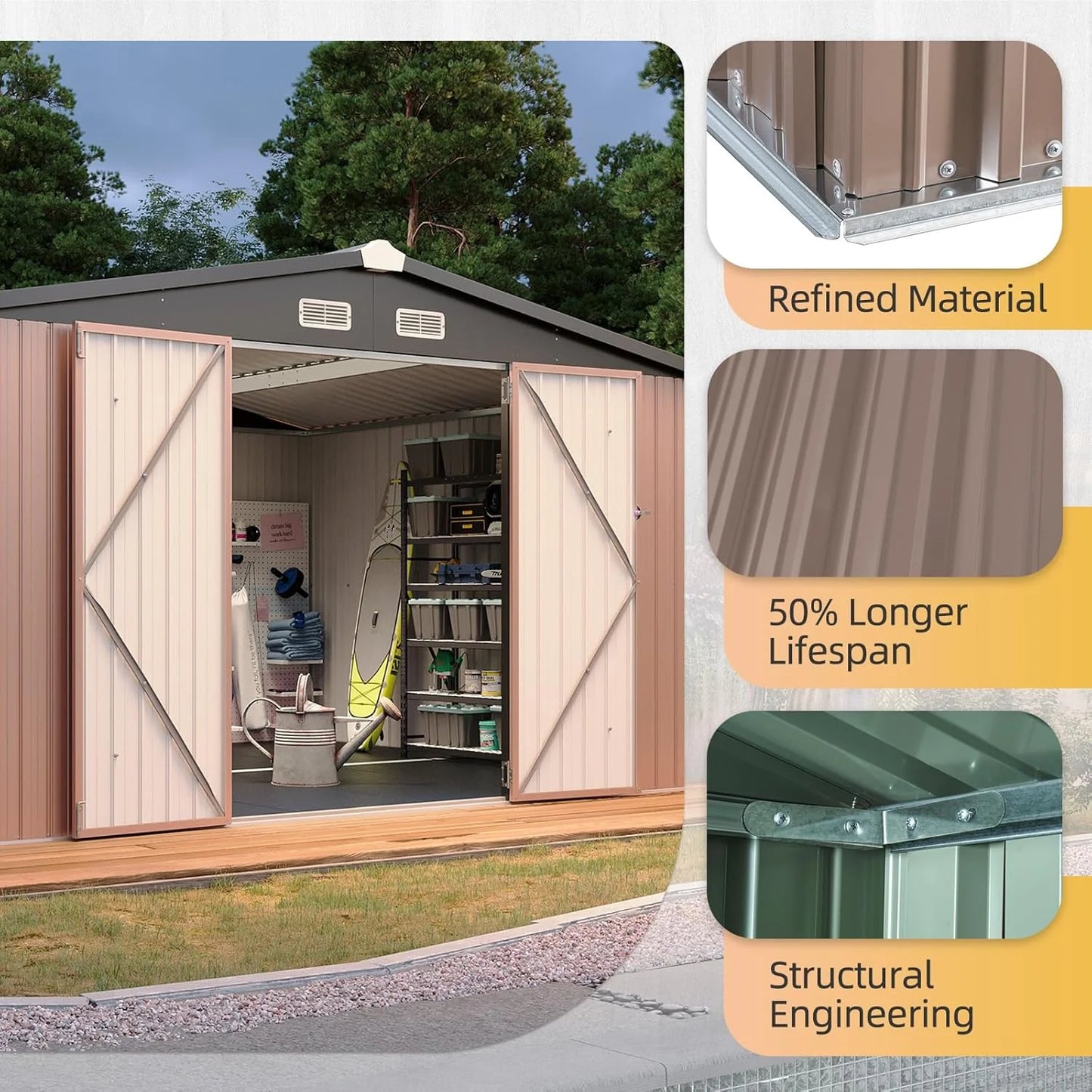 Aoxun 7.4x5.3FT Shed with Floor Galvanized Steel Outdoor Storage Shed Metal Garden Shed with Double Doors, 15mm Moisture-Proof Floor & Ventilation, Sloped Roof for Bike/Generator/Tool Storage (Brown)