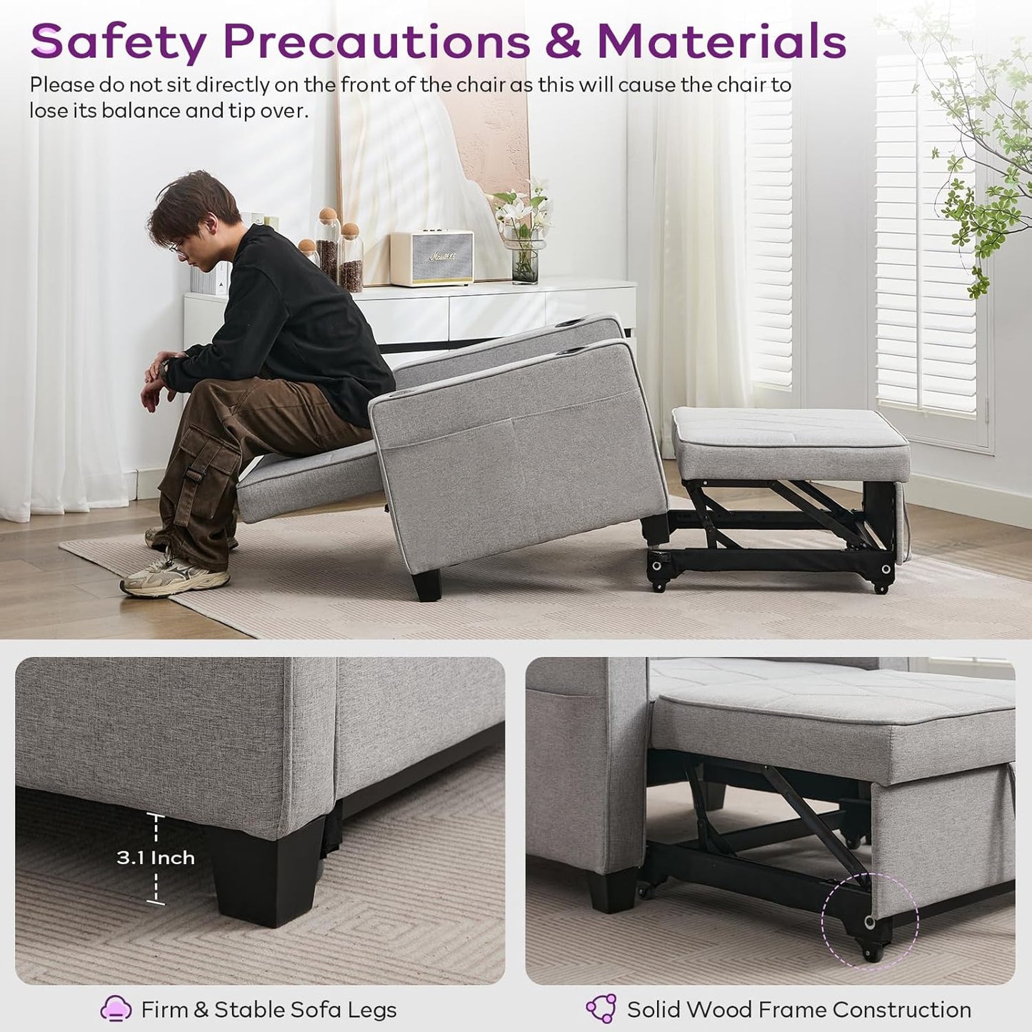 Adult Convertible Sleeper Chair Bed, 3-in-1 Pull-Out Sofa Bed with USB/Type-C Ports, Cup Holders, Side Pockets, Single Sofa