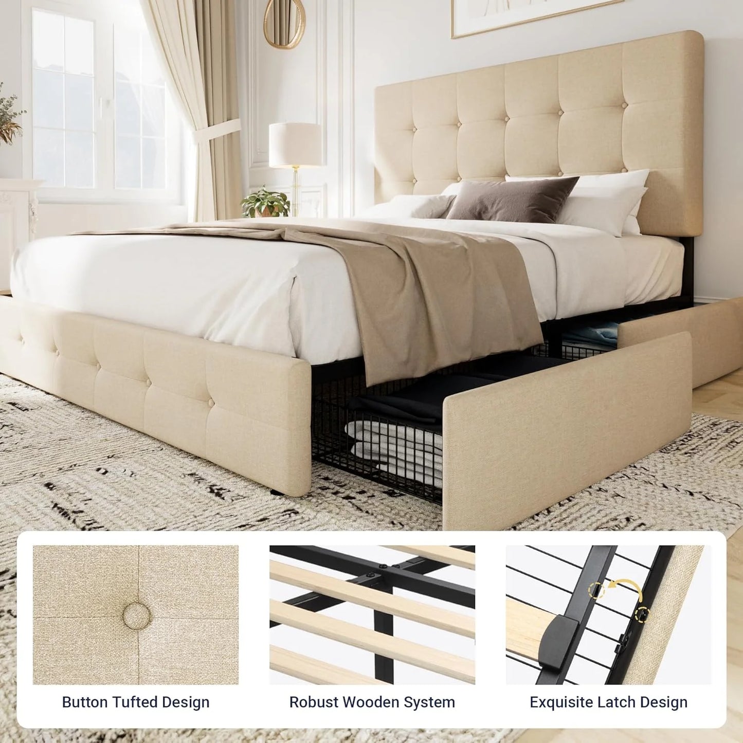 Allewie Upholstered Queen Size Platform Bed Frame with 4 Storage Drawers and Headboard, Square Stitched Button Tufted, Mattress Foundation with Wooden Slats Support, No Box Spring Needed