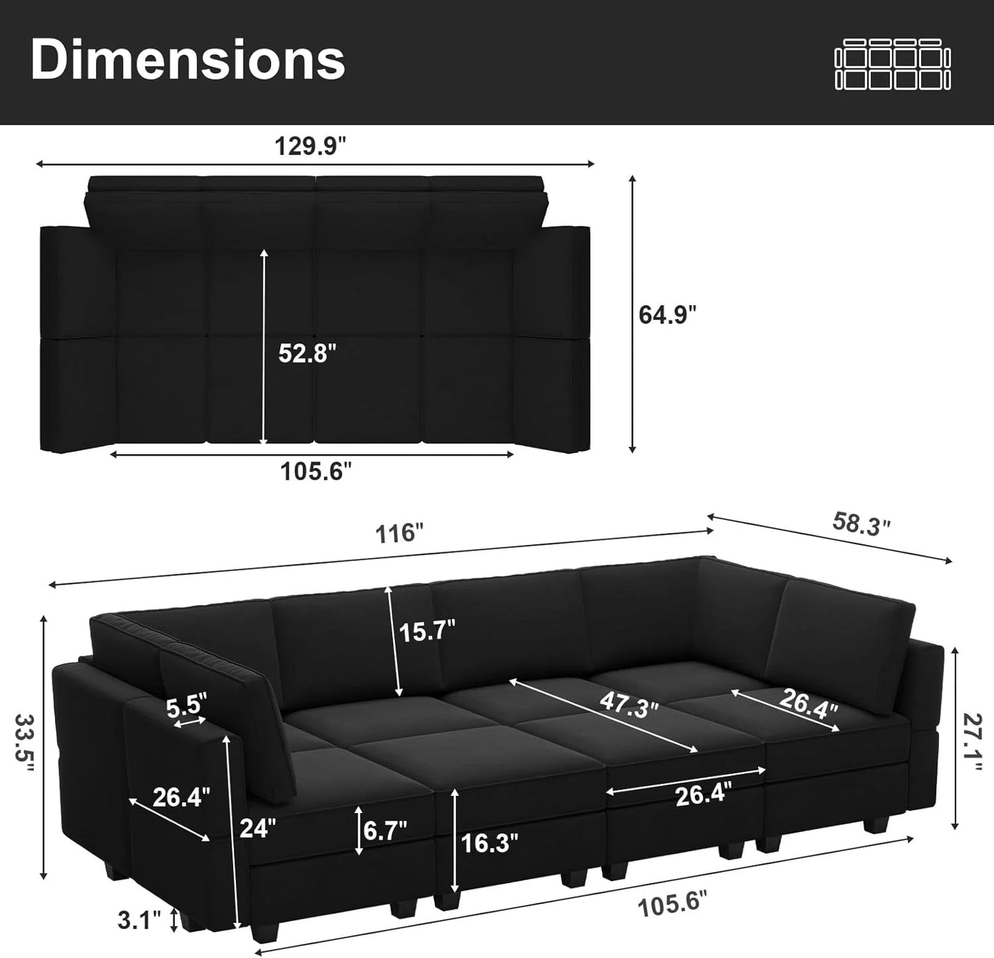 Belffin Modular Sectional Sofa with Ottomans Velvet Reversible Sleeper Chaise Bed Storage Seat Black
