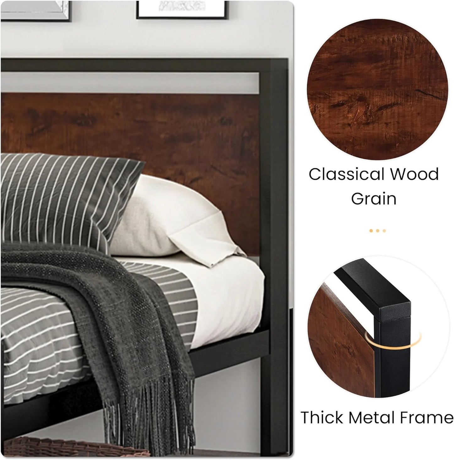 SHA CERLIN 14 Inch Queen Size Metal Platform Bed Frame with Wooden Headboard and Footboard, Mattress Foundation, No Box Spring Needed, Large Under Bed Storage, Non-Slip Without Noise, Black Oak