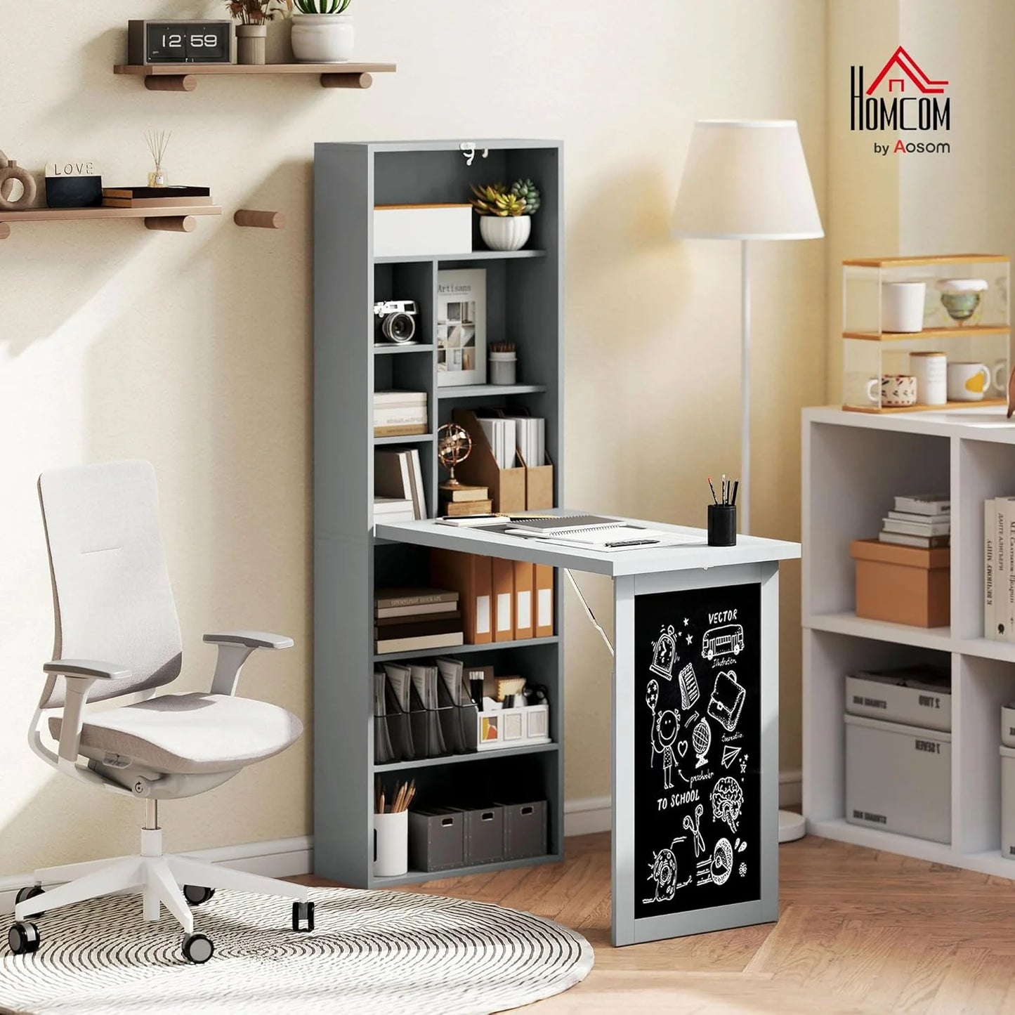 Folding convertible writing desk, wall mounted desk cabinet, multifunctional home office workstation
