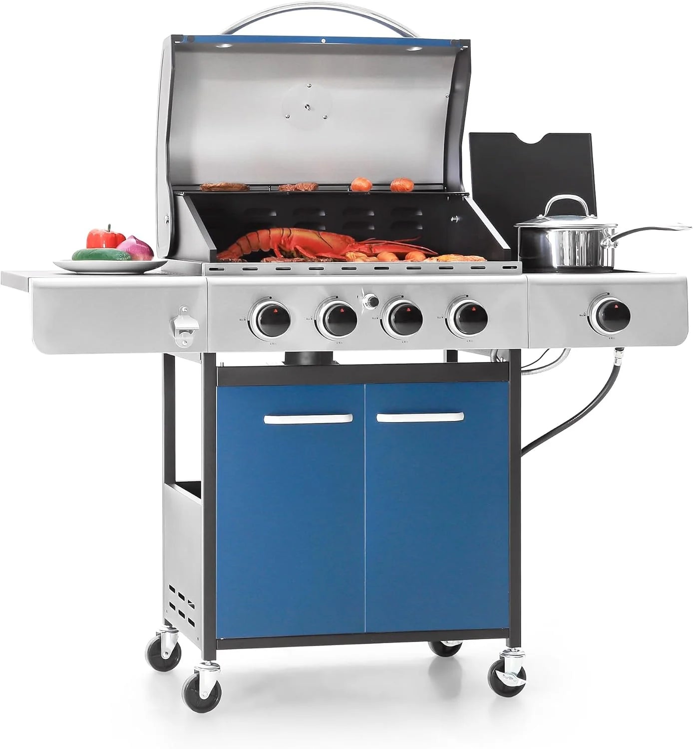 Captiva Designs 4-Burner Propane Gas BBQ Grill with Side Burner & Porcelain-Enameled Cast Iron Grates, 42,000 BTU Output Stainless Steel Grill for Outdoor Cooking Kitchen and Patio Backyard Barbecue
