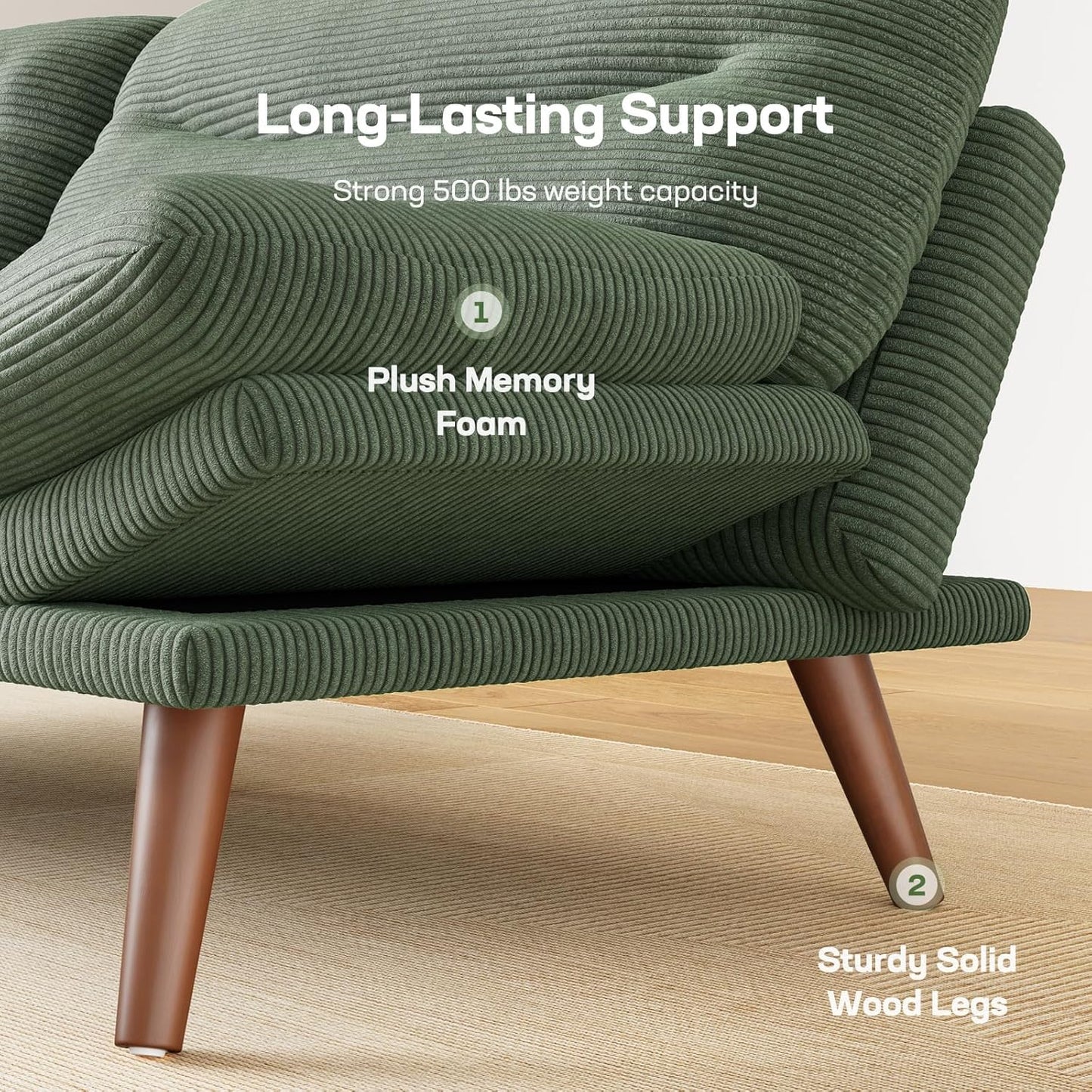 Futon Sofa Bed, Futon Sofa with Adjustable Back and Armrests, Converts to Small Sleeper Sofa Bed Corduroy Loveseat Green