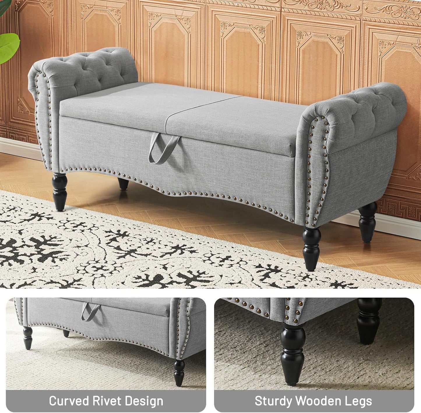 Furniliving Modern Storage Ottoman Bench, Sherpa Ottoman End of Bed Bench with Solid Wood Legs Upholstered Ottoman Benches with Storage Indoor Bench
