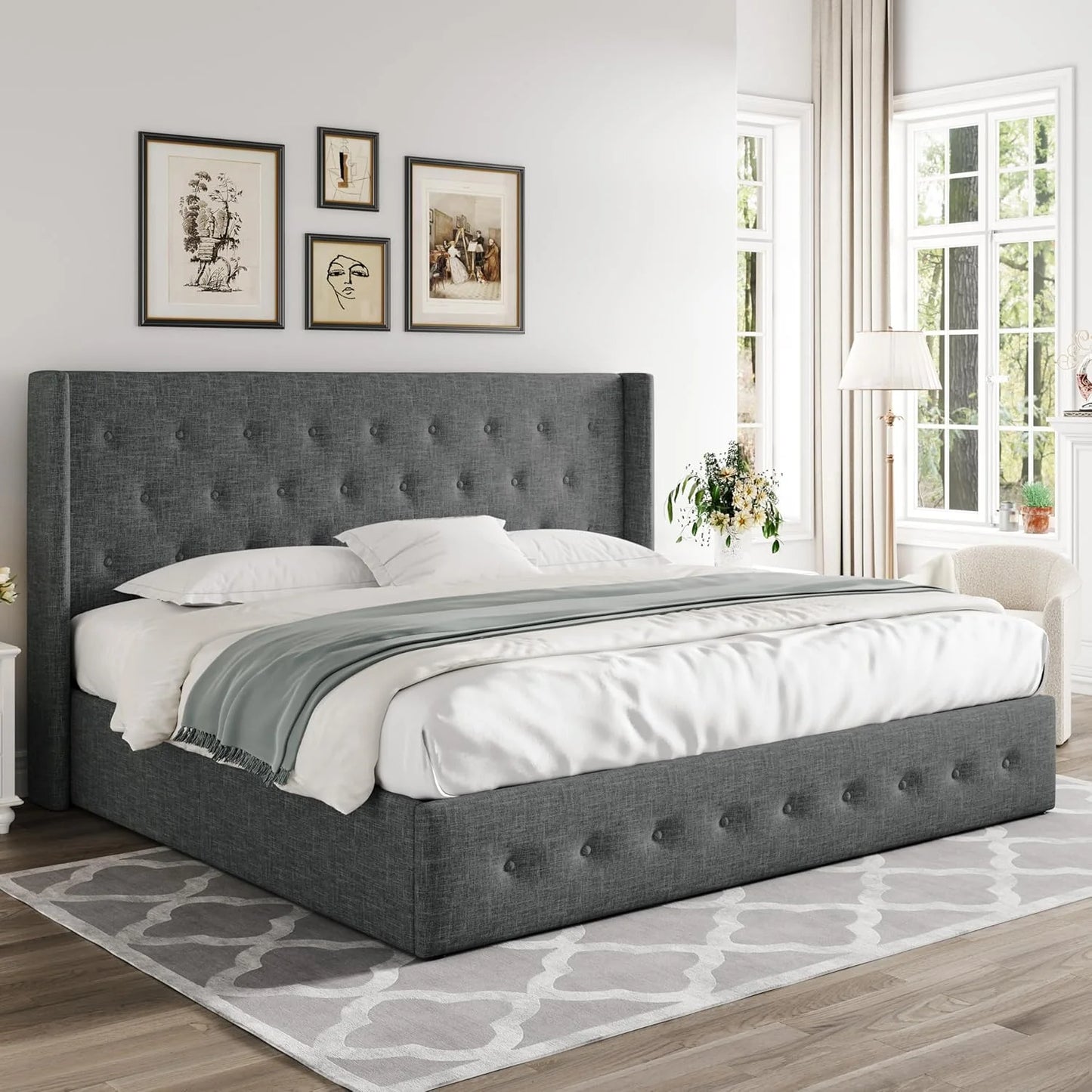 Allewie Queen Size Lift Up Storage Bed, Modern Wingback Headboard, Hydraulic Support, No Box Spring Needed, Light Beige