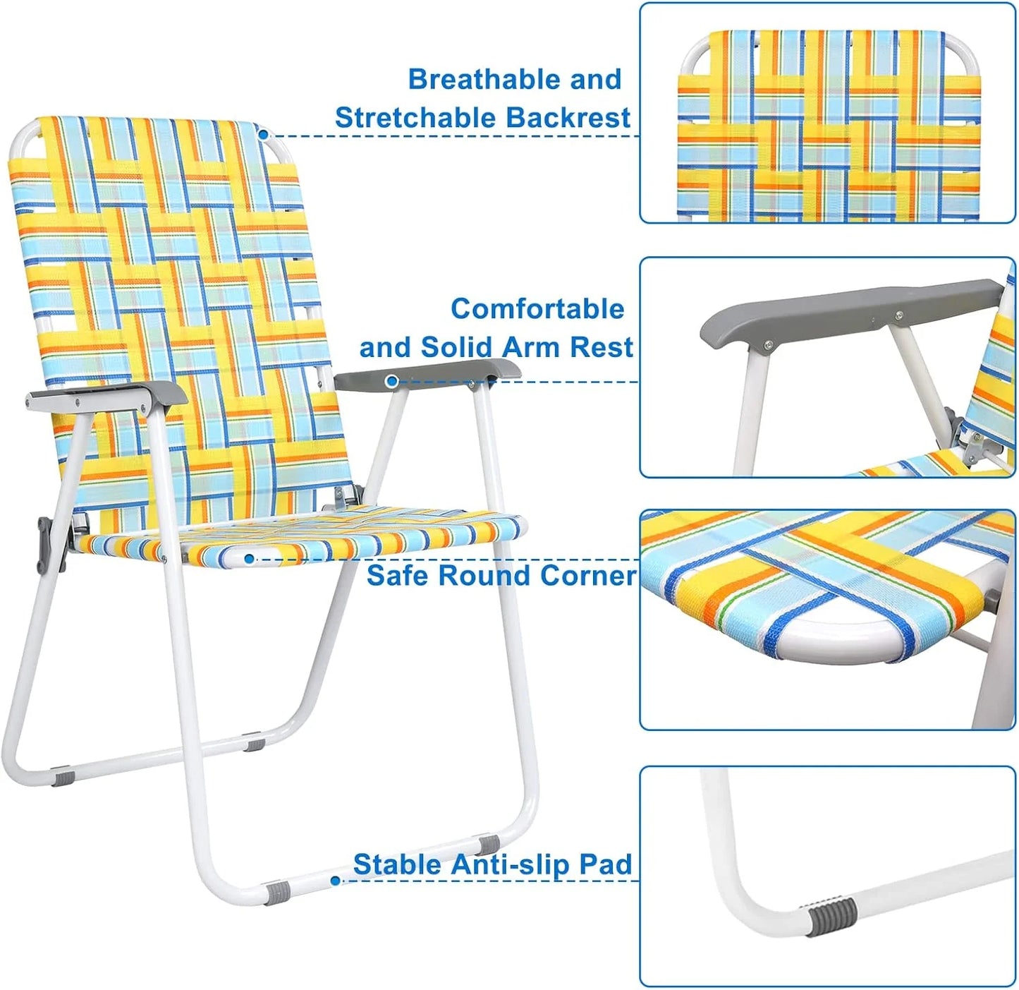 VINGLI Patio Lawn Webbed Folding Chairs Set of 2, Outdoor Beach Portable Lawn Chair Camping Chair Beach Chair