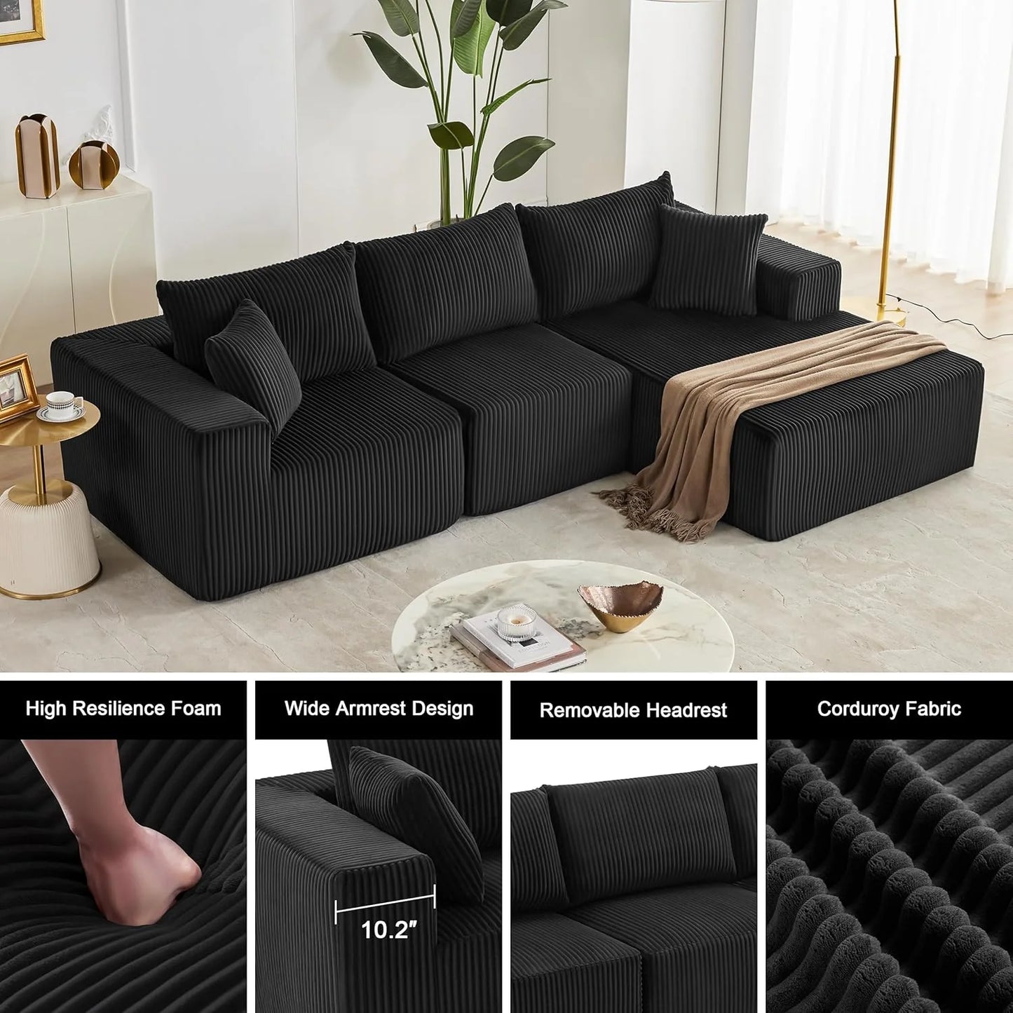108-inch modular sofa, cloud modular sofa, with deep seat and reclining chair, upholstered sofa