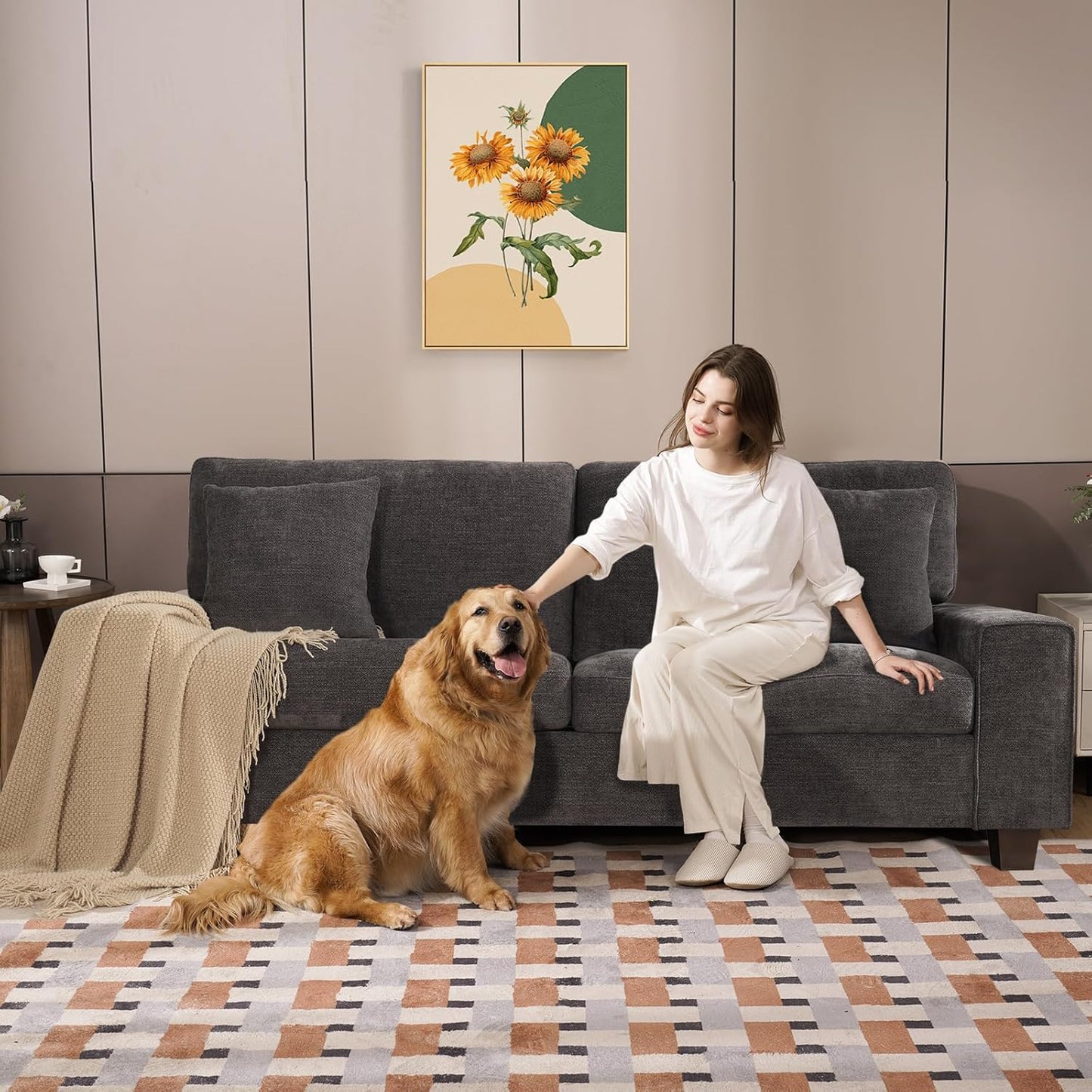 DOPEDIO living room double sofa, chenille lounge chair, removable, solid wood frame