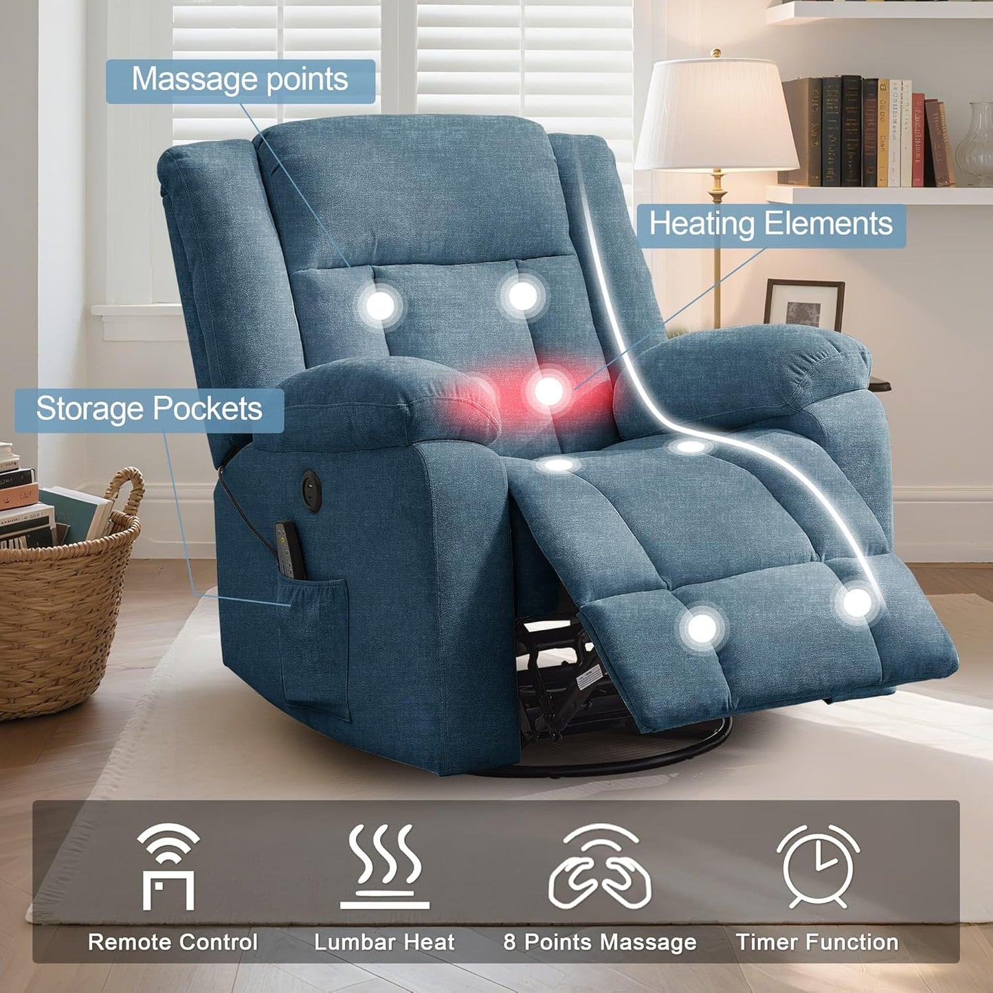 Adult rocking chair, gliding recliner, 360° rotating rocking chair with massage and heating function