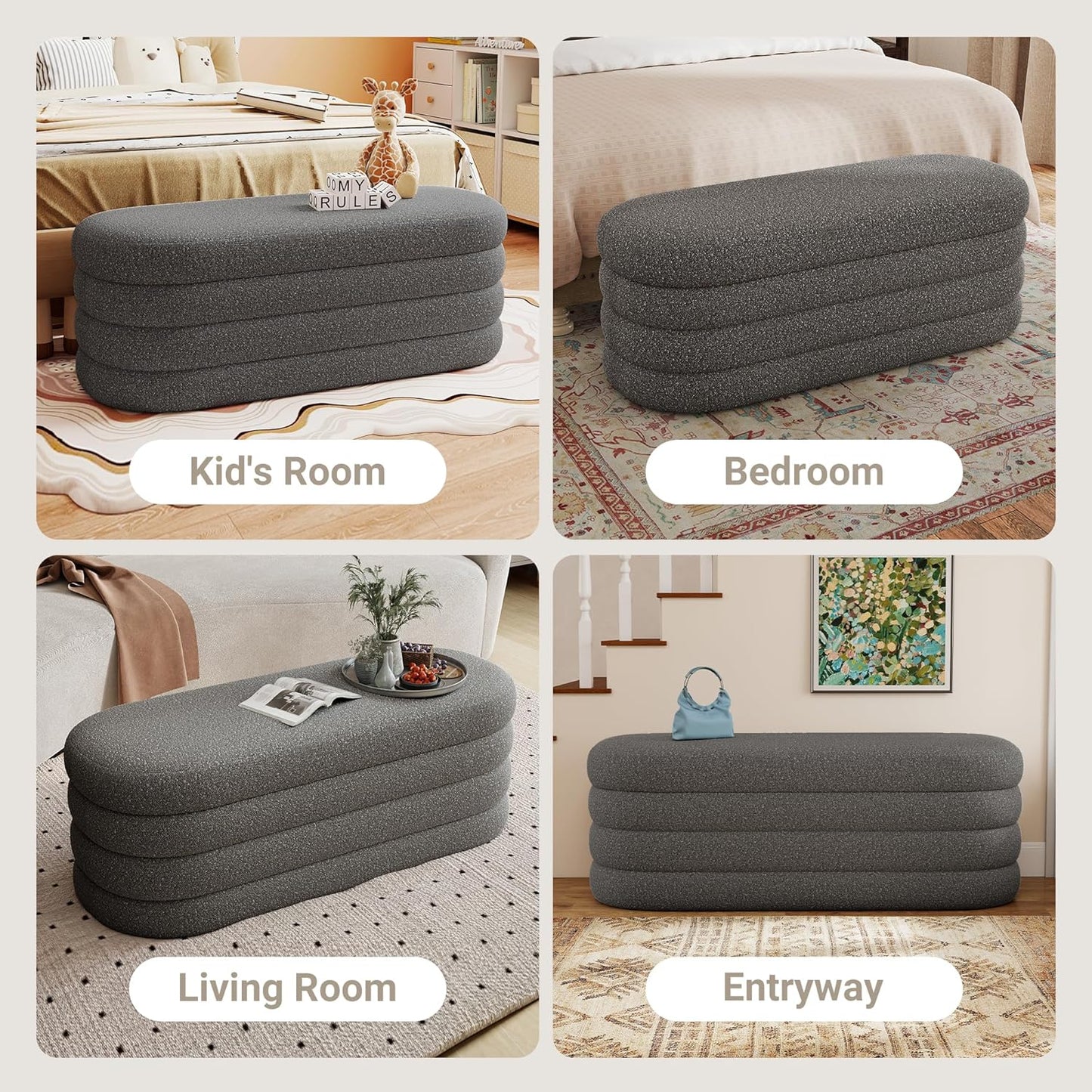 Storage Ottoman Bench 49.2 Inch Upholstered Fabric Storage Bench