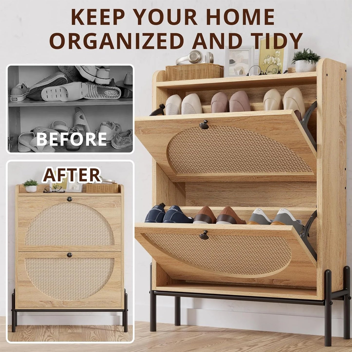 IRONCK Shoe Cabinet Storage with 2 Flip Drawers, Free Standing Wooden Shoe Storage Organizer Cabinet with Rattan Doors for Entryway, Narrow Shoe Rack Cabinet, Oak