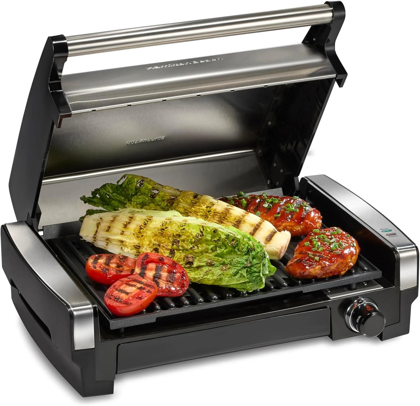 Electric Indoor Searing Grill with Viewing Window & Adjustable Temperature Control to 450F, 118 sq. in. Surface Serves 6, PFAS-Free Removable Nonstick Grate, Stainless Steel