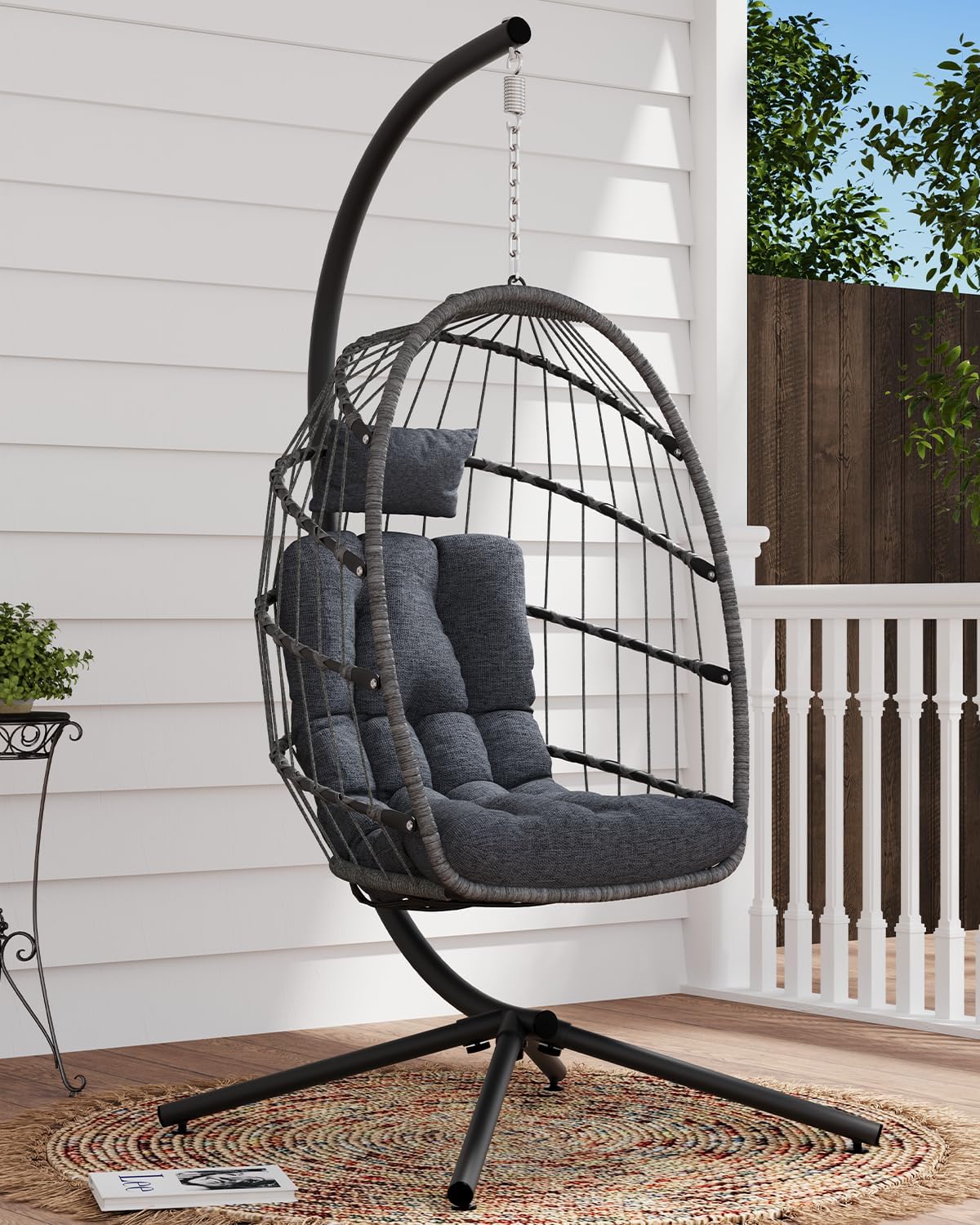 SWITTE Egg Chair Outdoor with Stand, Indoor Wicker Hanging Egg Swing Chair with Cushion, 350lbs Capacity for Patio, Bedroom