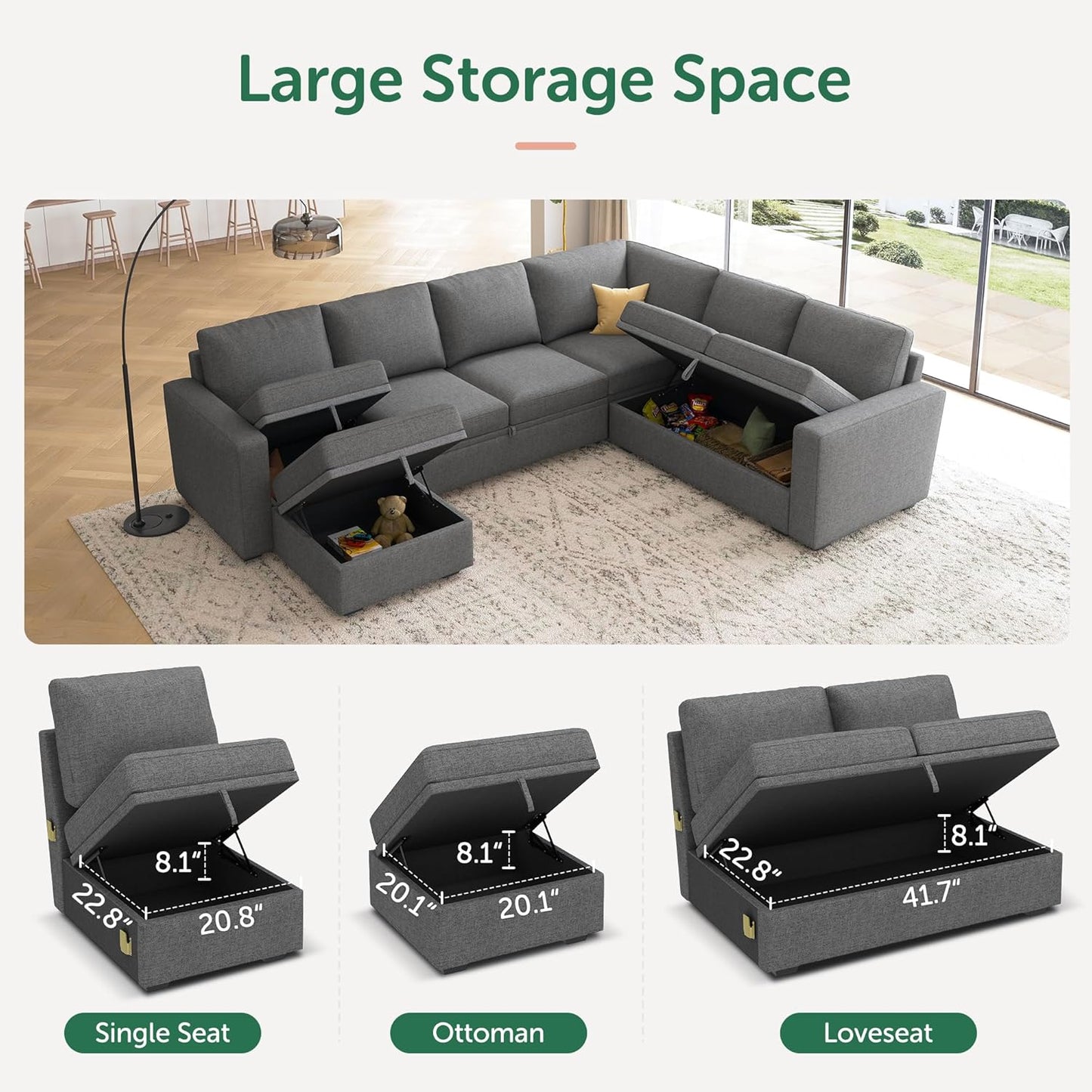 HONBAY Modular Sectional Sleeper Sofa with Pull Out Bed, L Shaped Couch with Storage Seat, Convertible Sectional Couches for Living Room