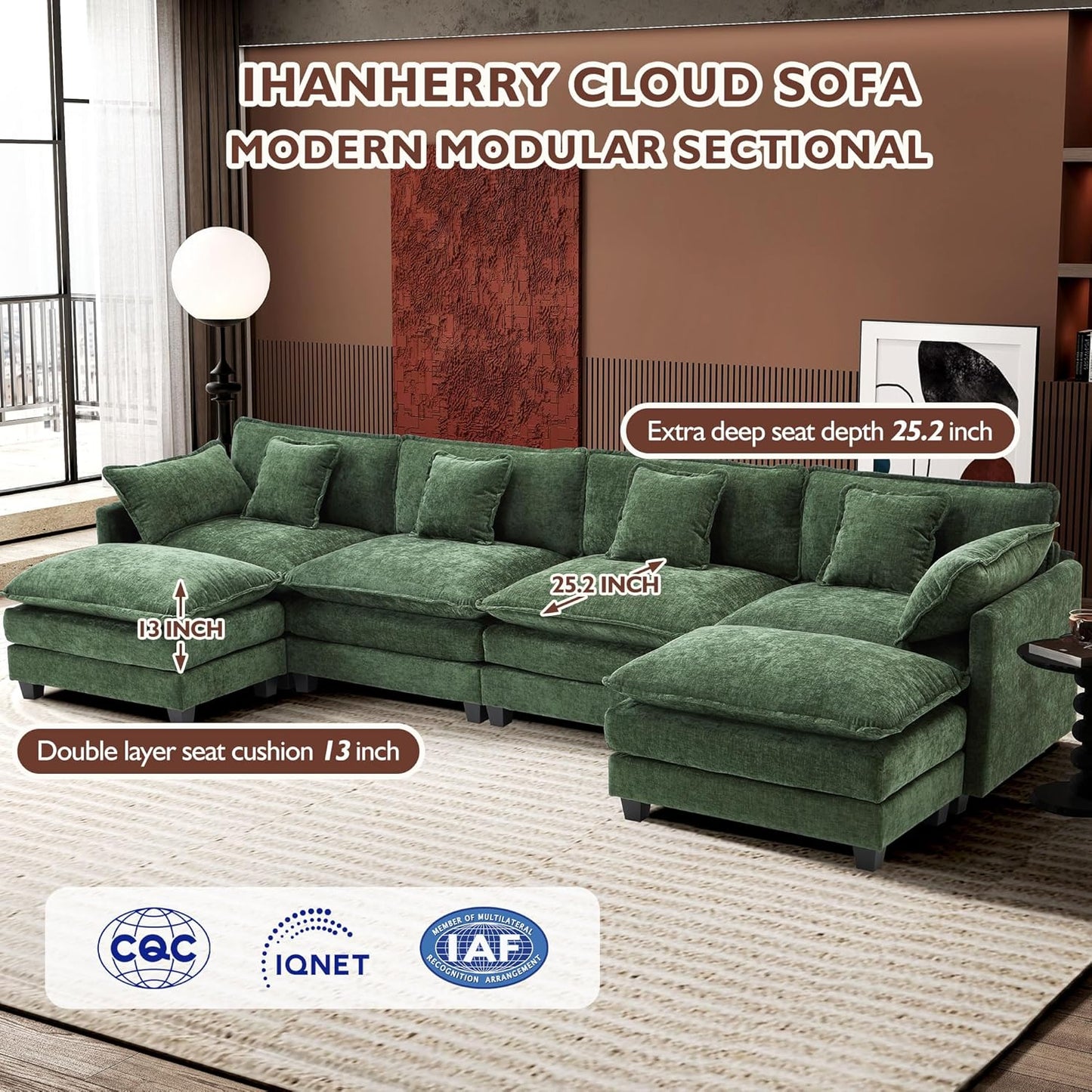 111.4 Inch L-Shaped Modern Sofa Modular Cloud Sofa with Ottoman, 4-Seater Chenille Deep Seat Sofa with Pillows for Living Room, Bedroom and Apartment, Beige
