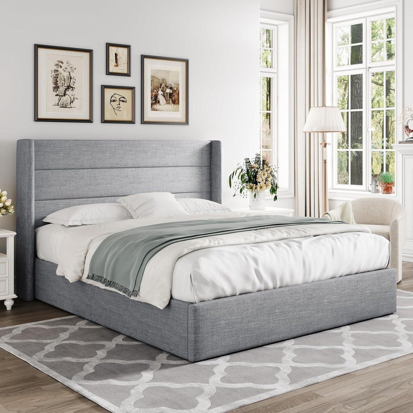 Allewie Queen Size Lift Up Storage Bed, Modern Wingback Headboard, Hydraulic Support, No Box Spring Needed, Light Beige