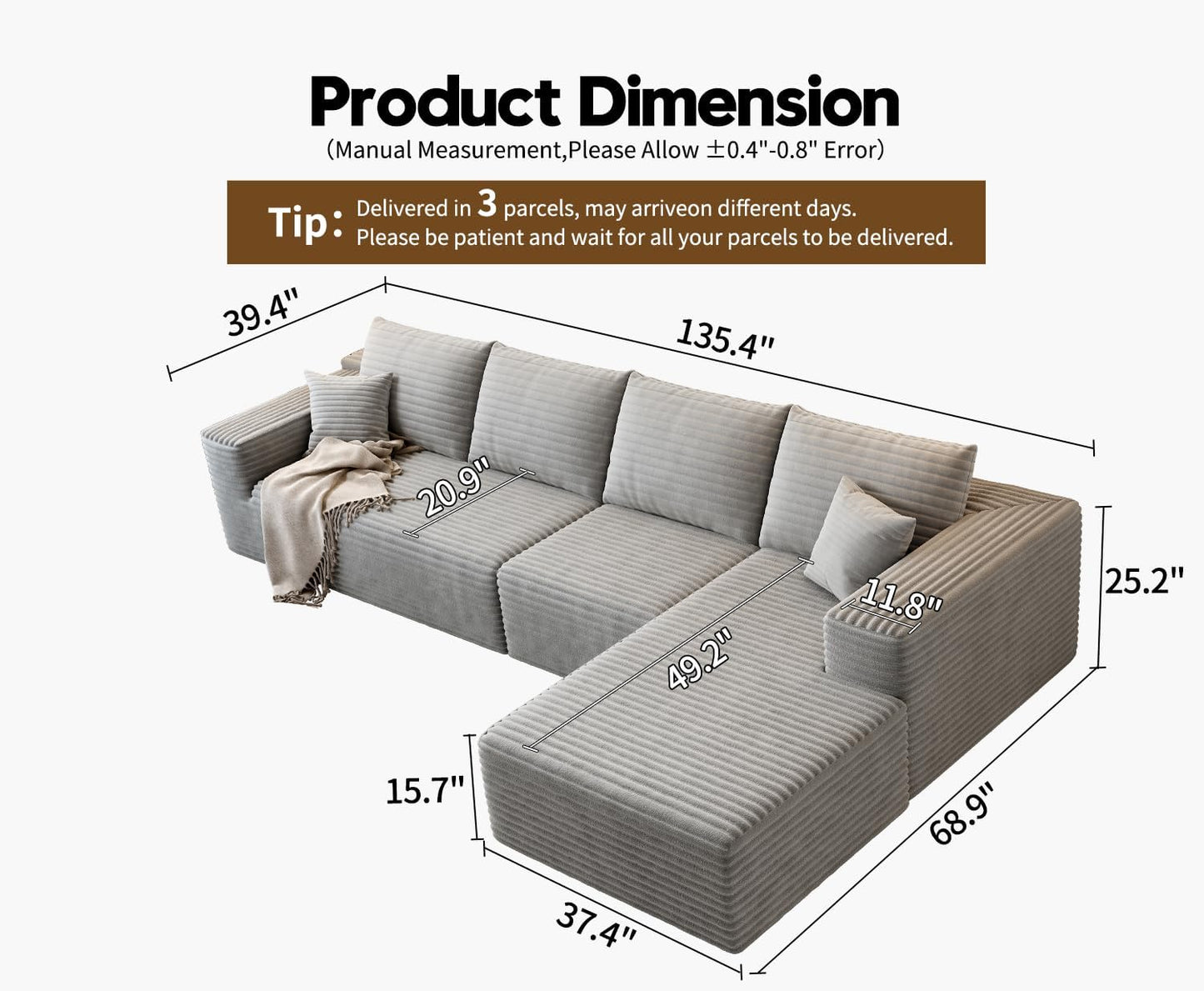 107.5 inch Cloud Modular Sectional Sofa with L-Shaped Chaise Lounge, Modern Minimalist Upholstered Sofa Deep Seating Corner Sofa