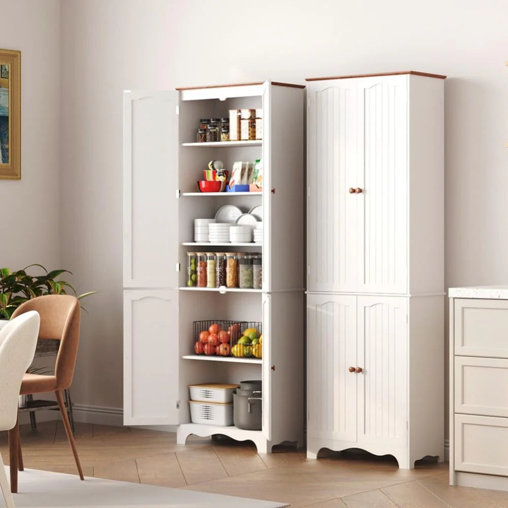 Tall Pantry Cabinet, Freestanding Storage Cabinet, Wooden Kitchen Pantry with 4 Doors and 5 Shelves, 72" Floor Cabinet Organizer