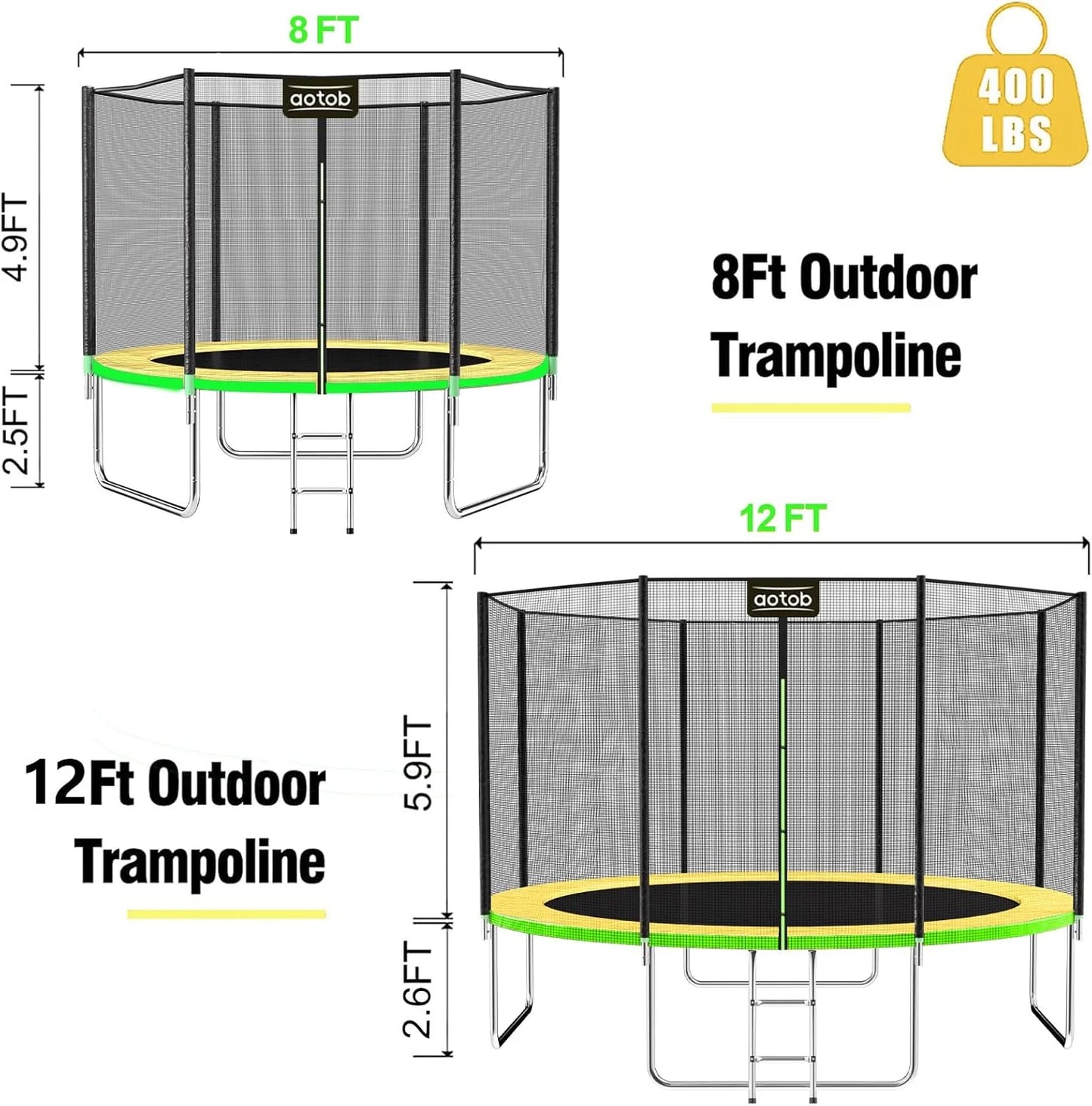 AOTOB 8FT 10FT 12FT 14 FT 15FT Trampoline with Safety Enclosure Net，Outdoor Trampoline with Basketball Hoop, Heavy Duty Jumping Mat and Spring Cover Padding for Kids and Adults, Storage Bag and Ladder