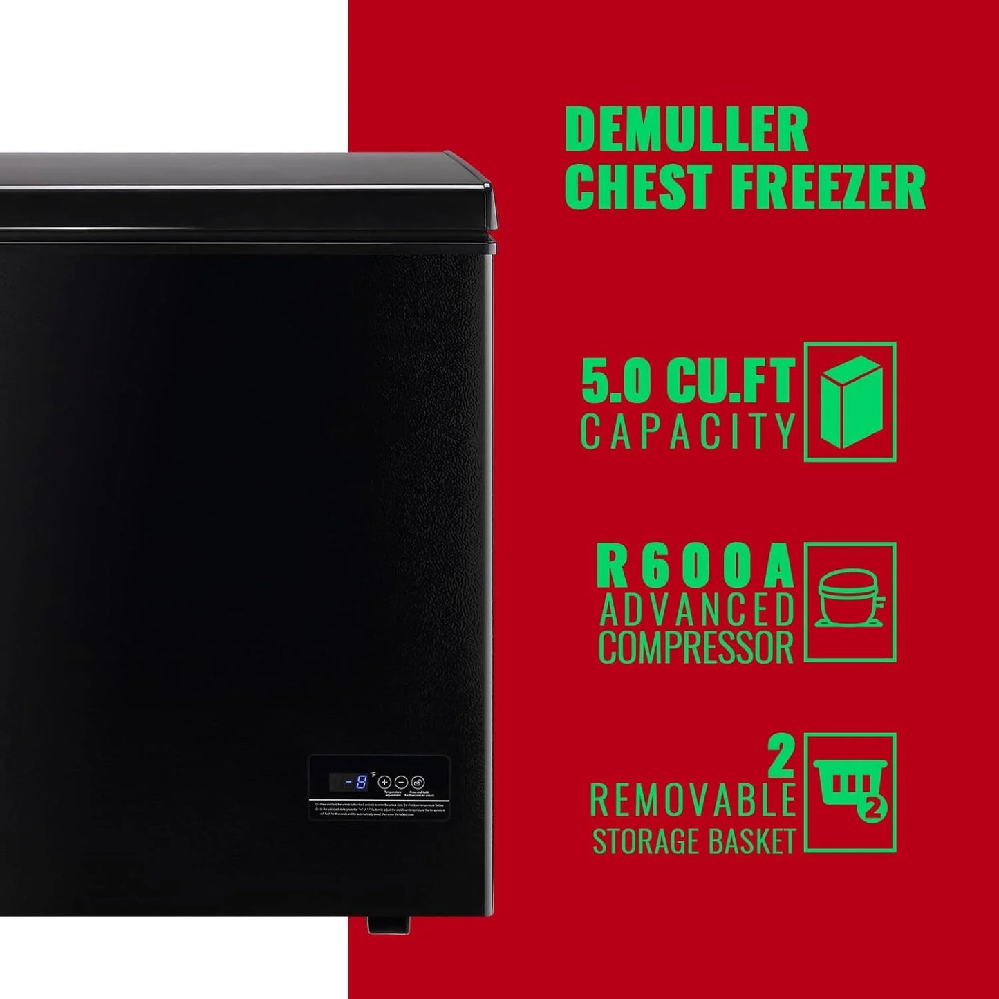Chest Freezer 5.0Cubic Feet Deep Freezer Freestanding Freezers with 2 Removable Stainless Steel Basket, Mini Freezer Top Open Door Compact Freezer with Electronic Control 41℉ to -15℉BLACK