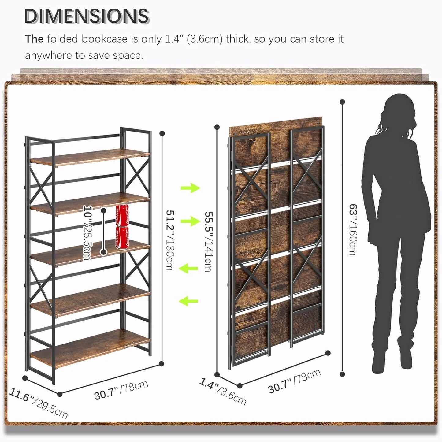 5 Tiers No Assembly Book Shelves 51.2" H Folding Bookshelf Bookcase