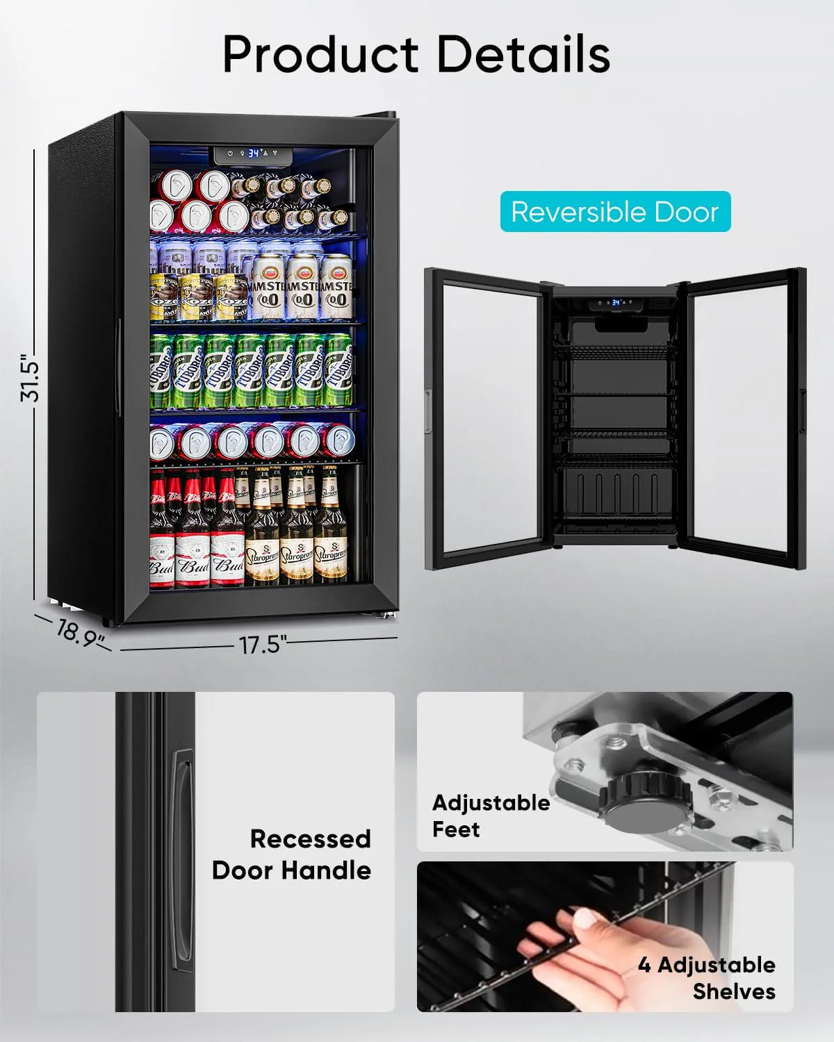 Beverage Refrigerator Cooler - 126 Can Mini Fridge Glass Door for Drinks Soda Beer Wine - Small Refrigerator for Office Bedroom Home Bar, 4 Adjustable Shelves, 3.2 Cu.Ft, Silver