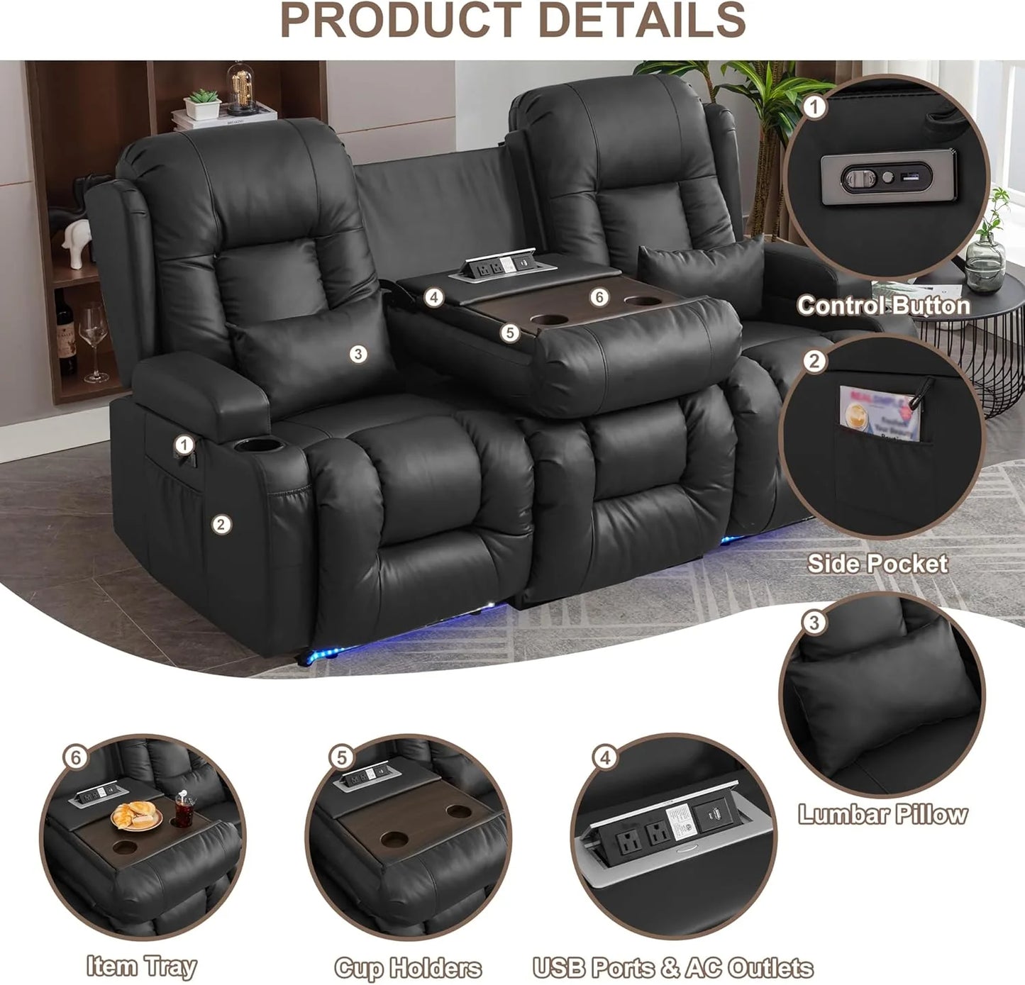 TUNYI Power Loveseat Recliner Sofa with Massage & Heat Home Theater Seating with Console Electric Recliner RV Sofa with USB/Outlet/Storage/Side Pocket/LED Light/Speaker (Brown, Loveseat)