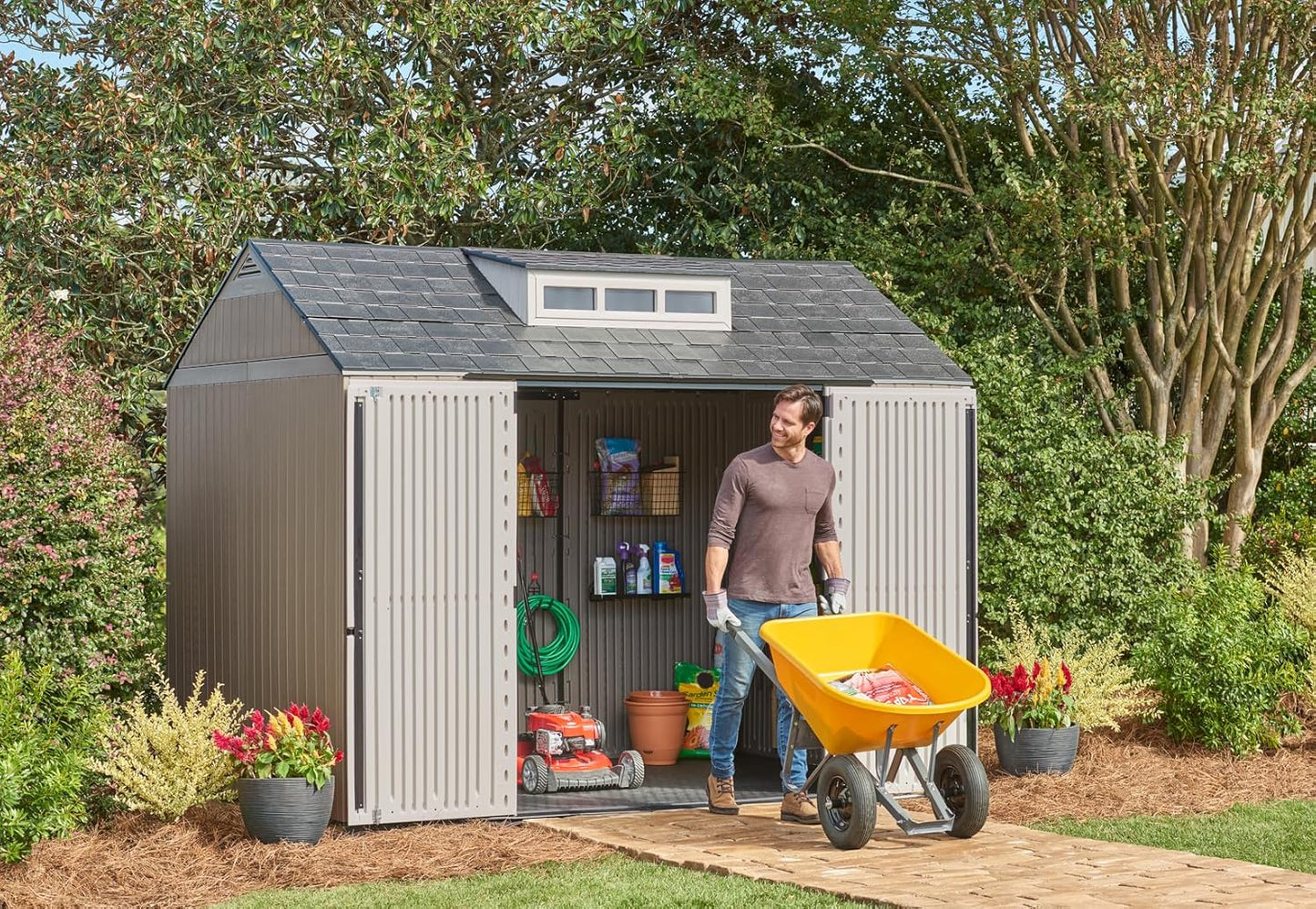 Rubbermaid Resin Outdoor Storage Shed With Floor (7 x 7 Ft) Weather Resistant Gray Organization for Home/Backyard/Garden Tools/Lawn Mower/Bike Storage/Pool Supplies