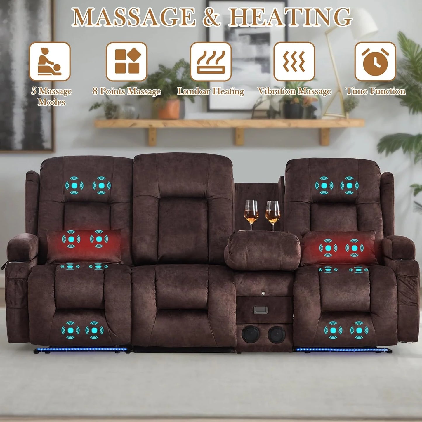 TUNYI Power Loveseat Recliner Sofa with Massage & Heat Home Theater Seating with Console Electric Recliner RV Sofa with USB/Outlet/Storage/Side Pocket/LED Light/Speaker (Brown, Loveseat)