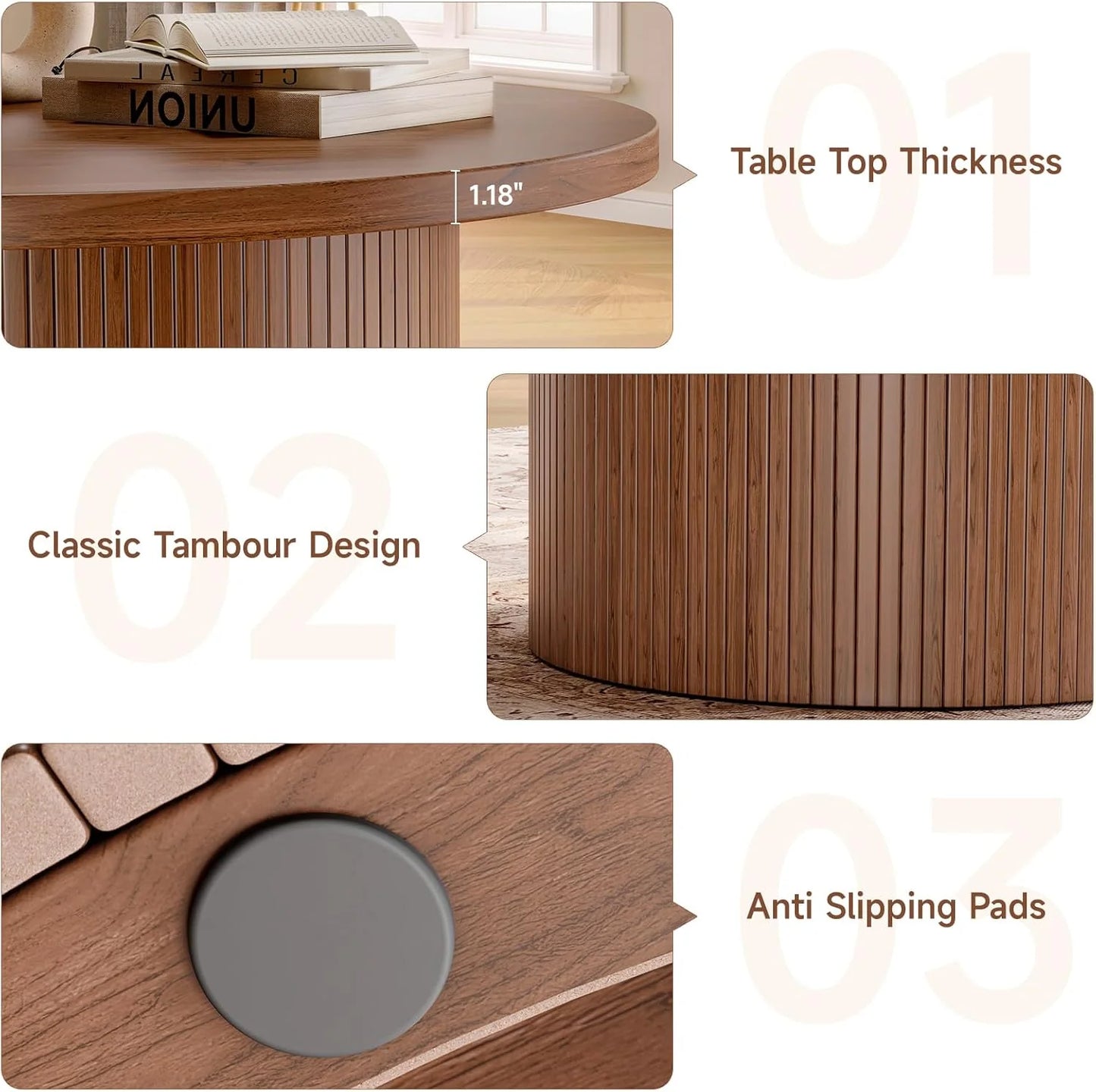 31.5 inch round coffee table, living room roll-up coffee table, mid-century modern wood coffee table