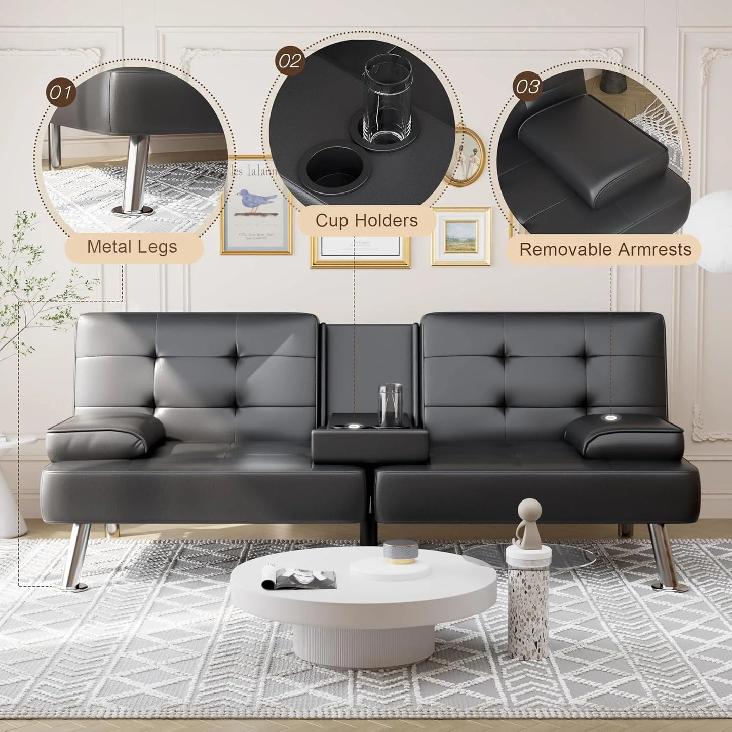 Shahoo Convertible Folding Futon Sofa Bed Sleeper Couch for Living Room Faux Leather Upholstered Loveseat w/Removable Armrests, Metal Legs, 2 Cup Holders, Black