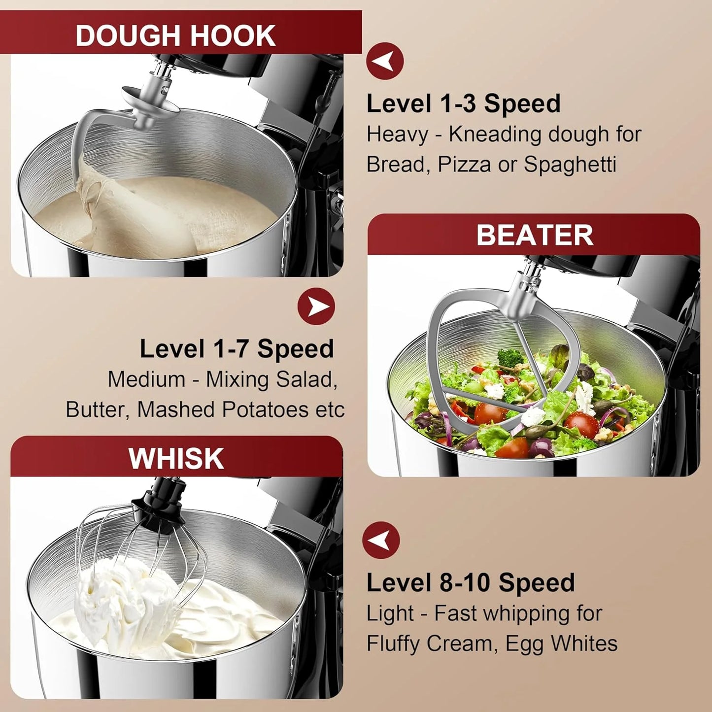 10-Speed Stand Mixer with 8-in-1 Splash Guard, Tilt Head, 6-Quart Stainless Steel Bowl + Dishwasher-Safe Dough Hook/Whisk/Blender/Scraper