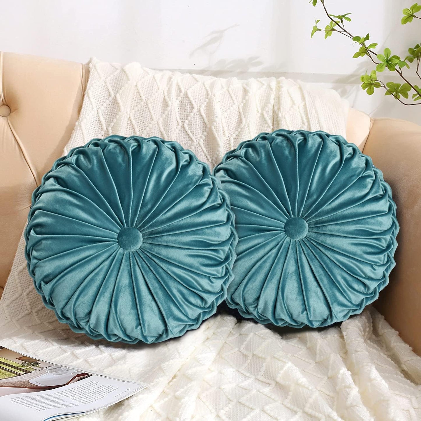 Set of 2 Decorative Round Pleated Throw Pillows