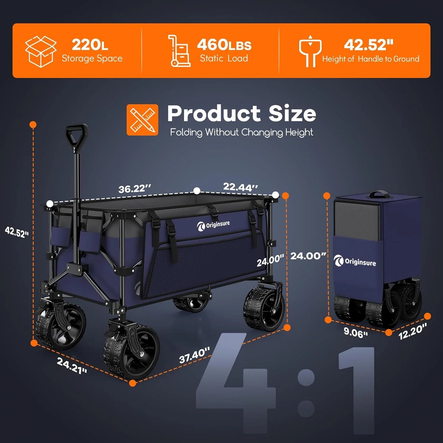 38" long foldable four-wheel stroller, foldable, 460 lb capacity, 220 liter heavy-duty folding beach stroller with large all-terrain tires