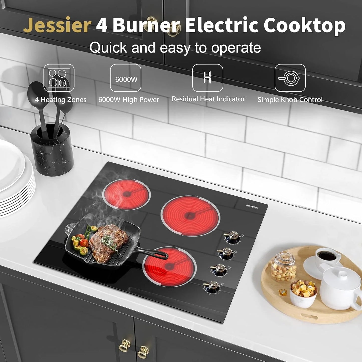 Electric Cooktop 30 Inch - 5 Burners Built-in Ceramic Cooktop, 30" Electric Stove Top with Glass Protection Metal Frame, 9 Heating Level, 8400W, 220-240V for Hard Wire(No Plug)