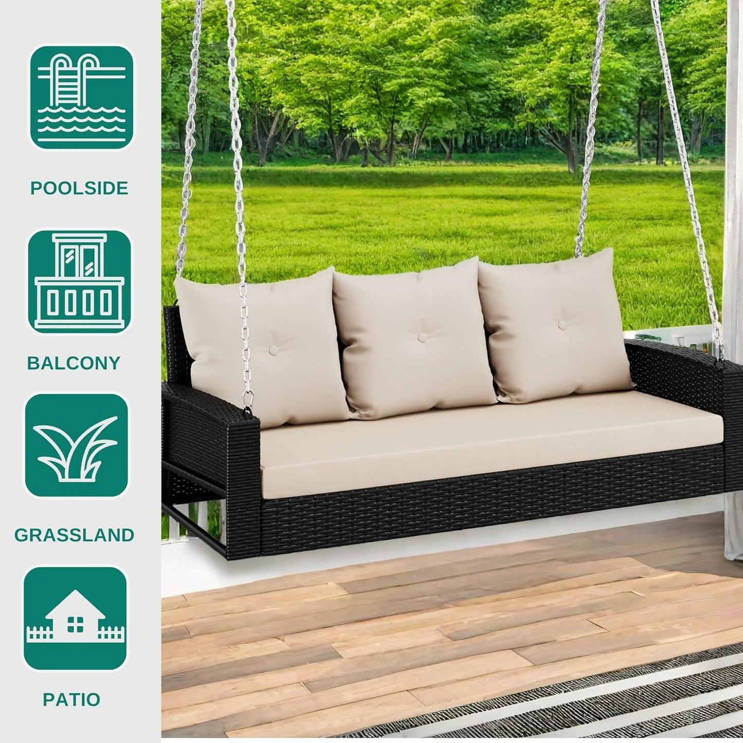 YITAHOME Hanging Porch Swing Chair Sits 3 People, Wicker Outdoor Swing Bench, Patio Lounge Chair, 1 Seating Cushion and 3 Back Cushions, w/Removable Covers, for Garden, Balcony, Backyard, Brown