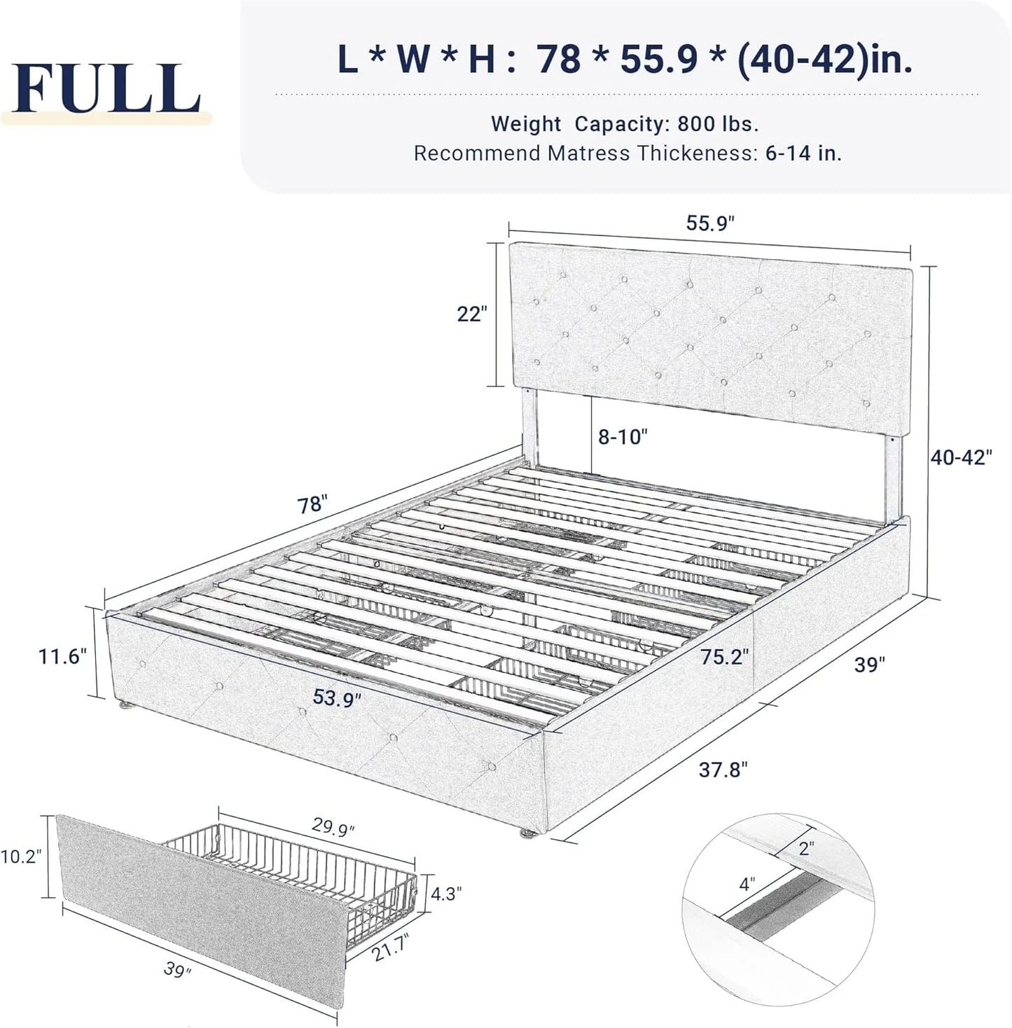 Allewie Upholstered Queen Size Platform Bed Frame with 4 Storage Drawers and Headboard, Square Stitched Button Tufted, Mattress Foundation with Wooden Slats Support, No Box Spring Needed