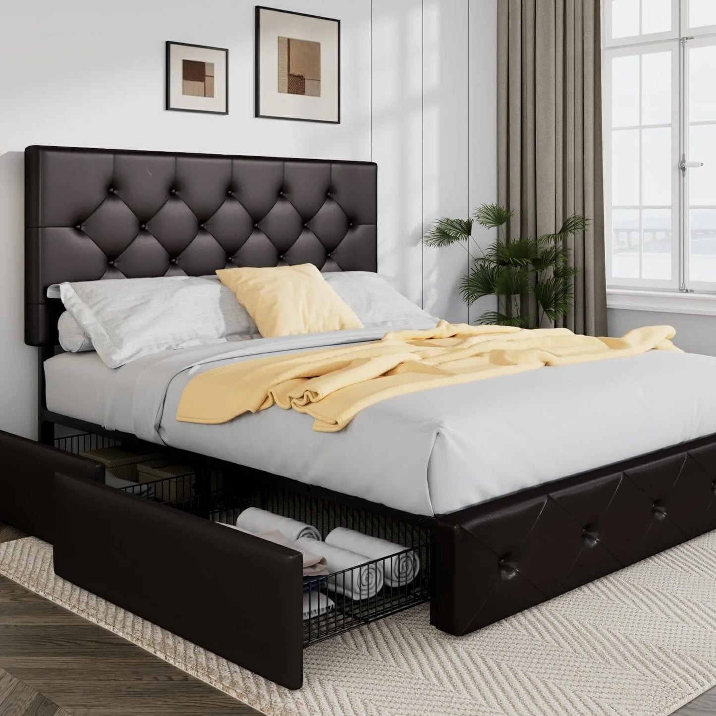 Allewie Upholstered Queen Size Platform Bed Frame with 4 Storage Drawers and Headboard, Square Stitched Button Tufted, Mattress Foundation with Wooden Slats Support, No Box Spring Needed