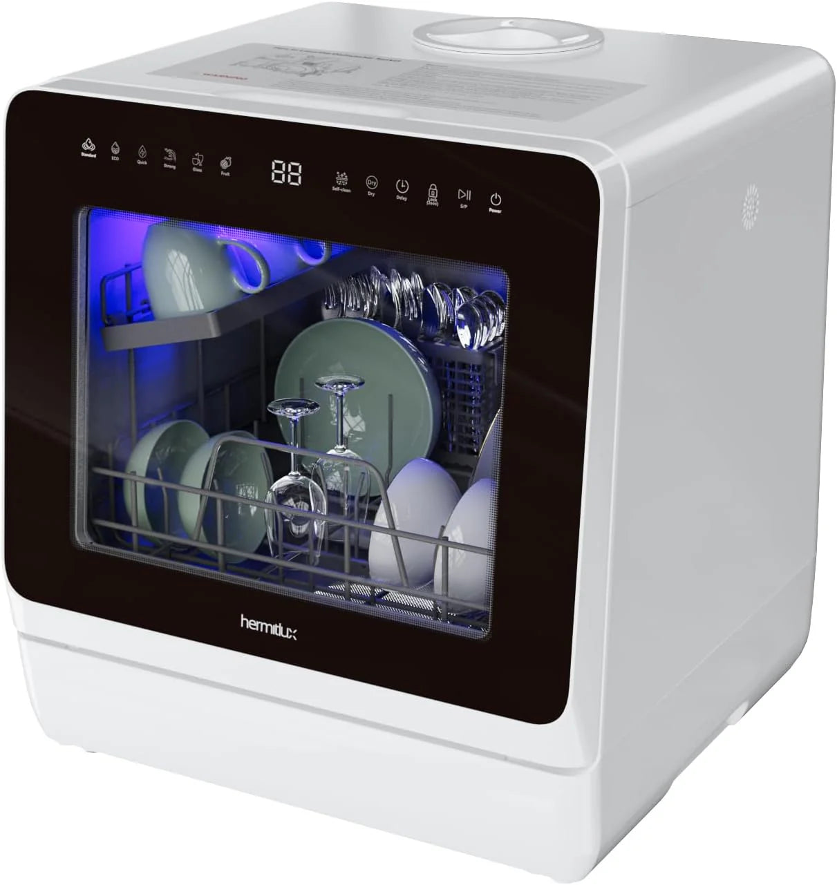 Hermitlux tabletop dishwasher, 7 wash programs, portable mini dishwasher