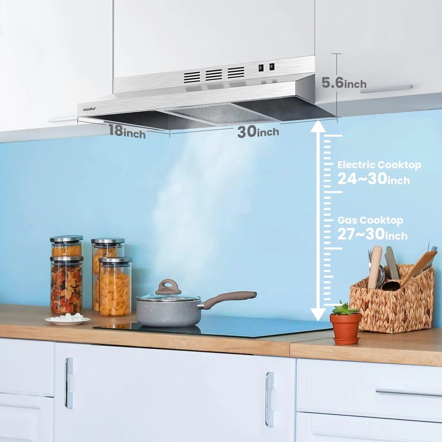 Comfee 30" Under Cabinet Ducted/Ductless Convertible Slim Vent Durable Stainless Steel Kitchen Reusable Filter