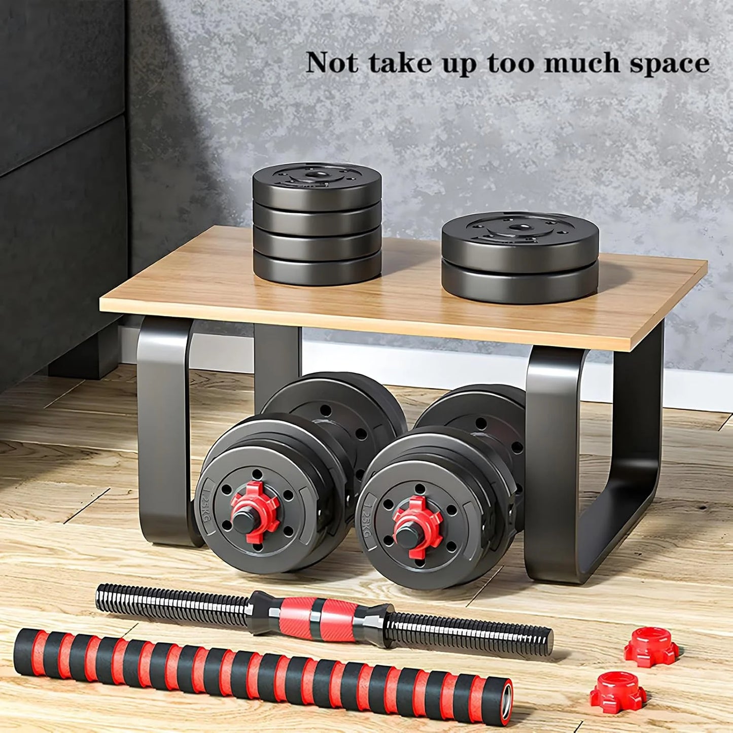 Adjustable dumbbell set, free weight dumbbell pair convertible into barbell