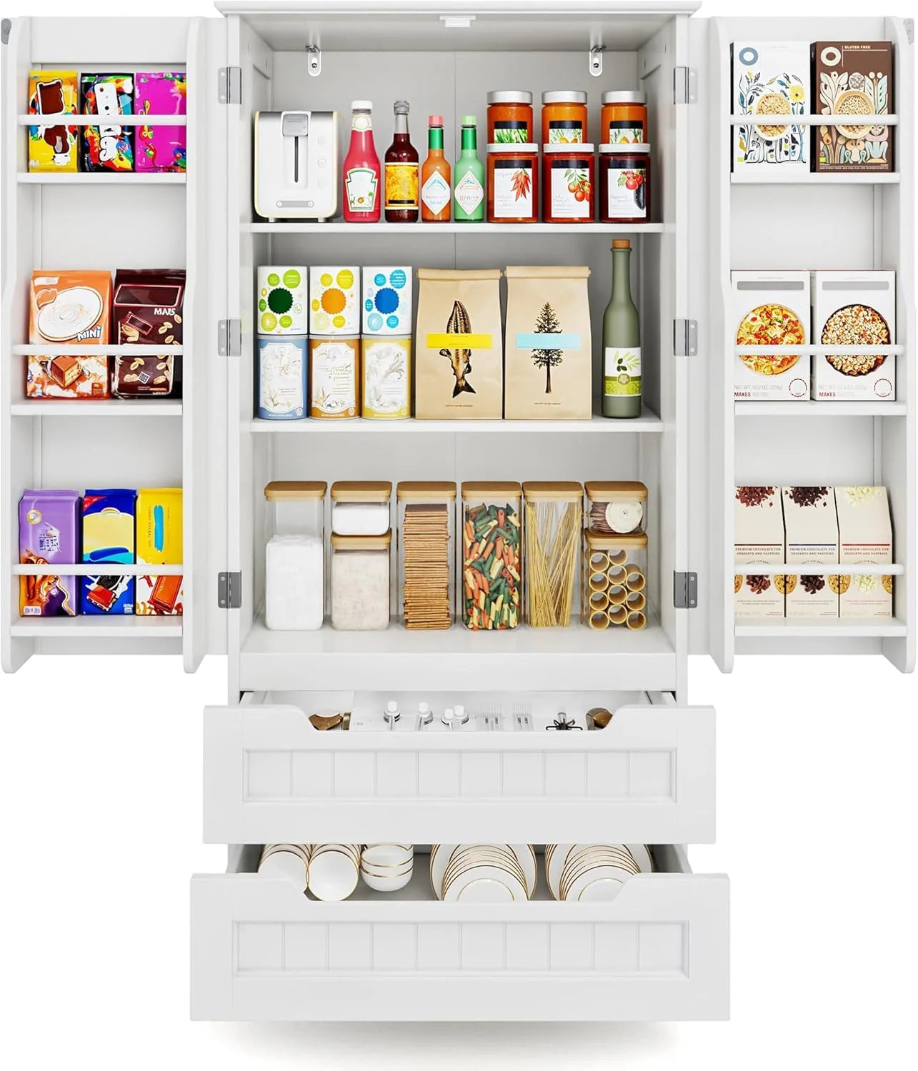 Gizoon Kitchen Pantry Cabinet with Drawers Freestanding Bathroom Storage Cabinet with Doors and Shelves, 47 Inch Small Pantry Cabinet