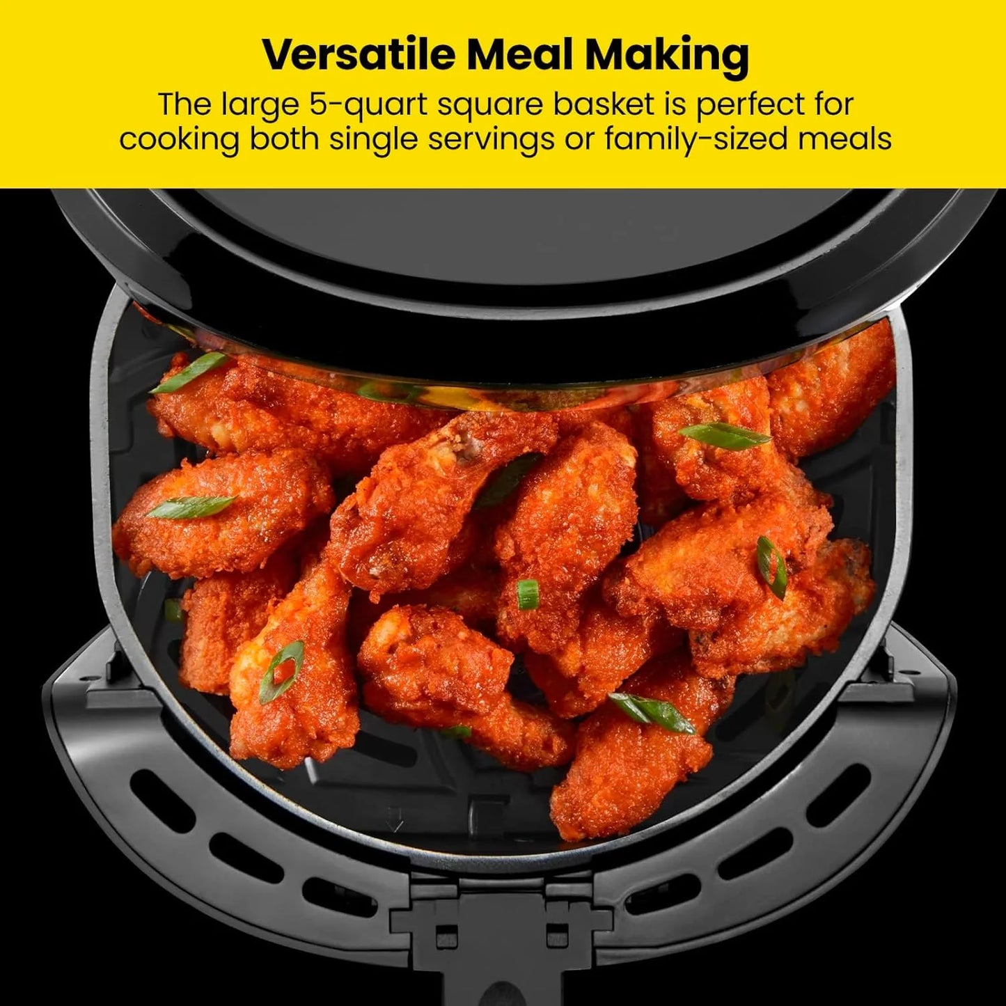 Chefman 6-Quart Double Basket Air Fryer with Easy View Window uses two separate 3-quart nonstick pans.