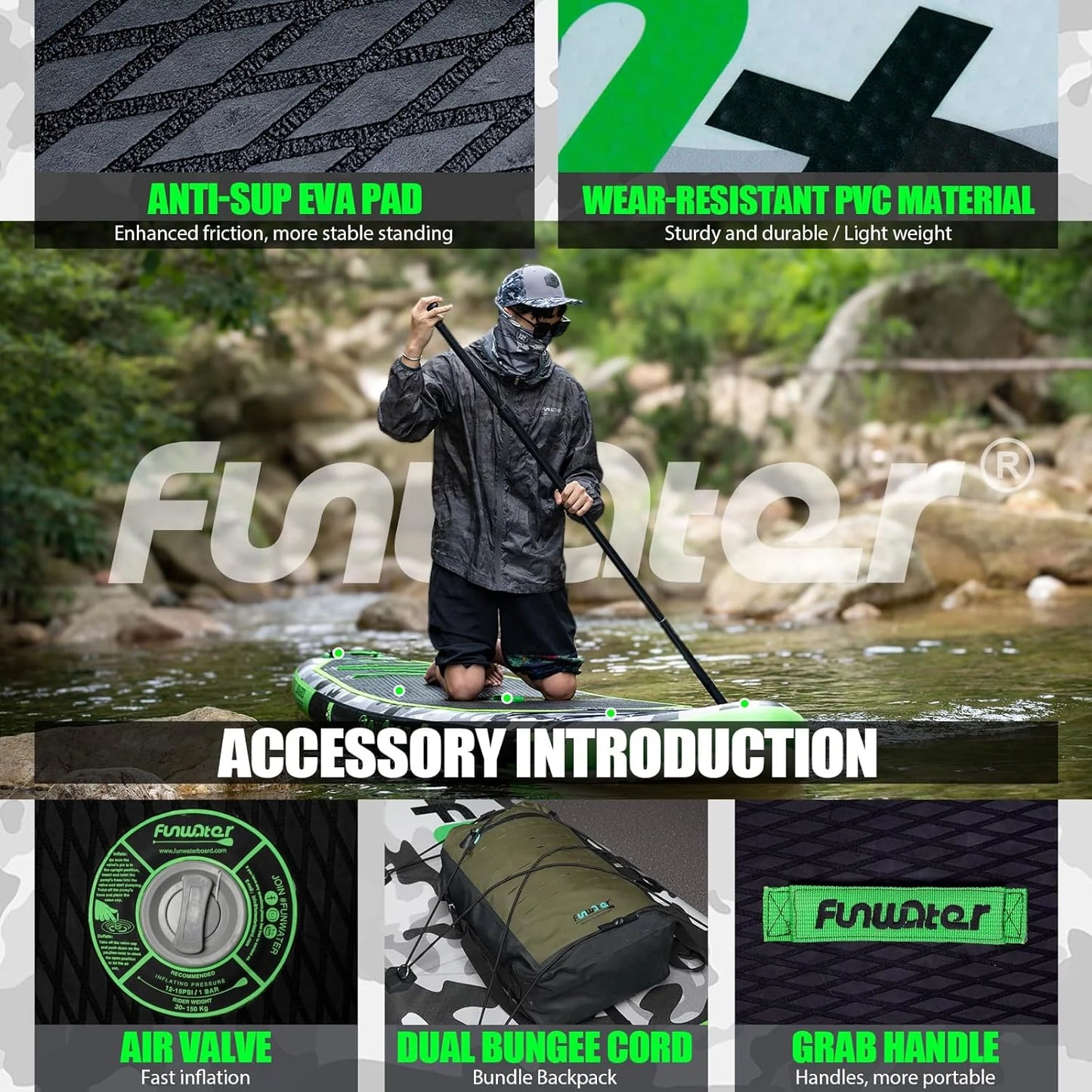 FunWater Inflatable Stand Up Paddle Board with Premium SUP Paddle Accessories, Non-Slip EVA Deck, 11'/10'6' Paddle