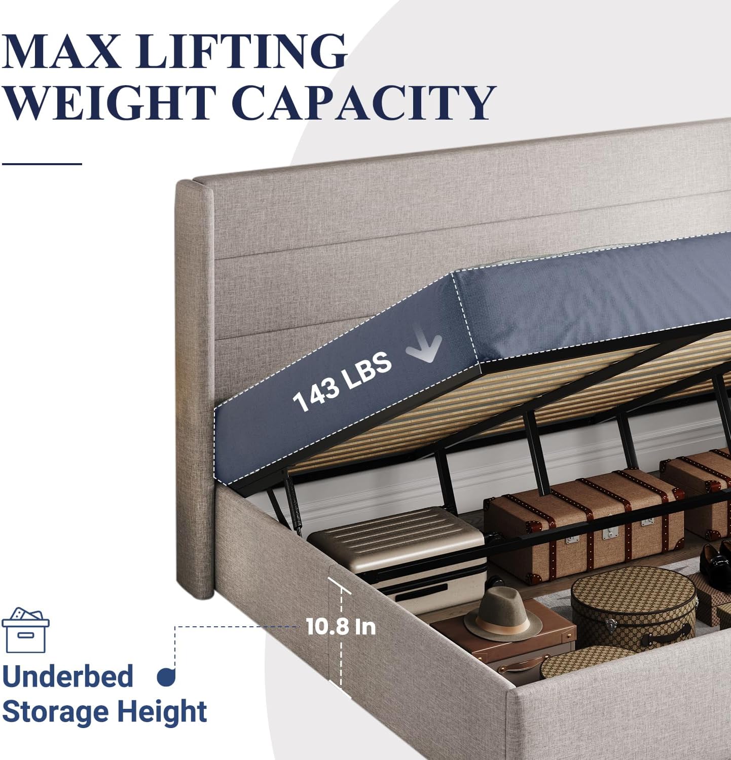 Allewie Queen Size Lift Up Storage Bed, Modern Wingback Headboard, Hydraulic Support, No Box Spring Needed, Light Beige