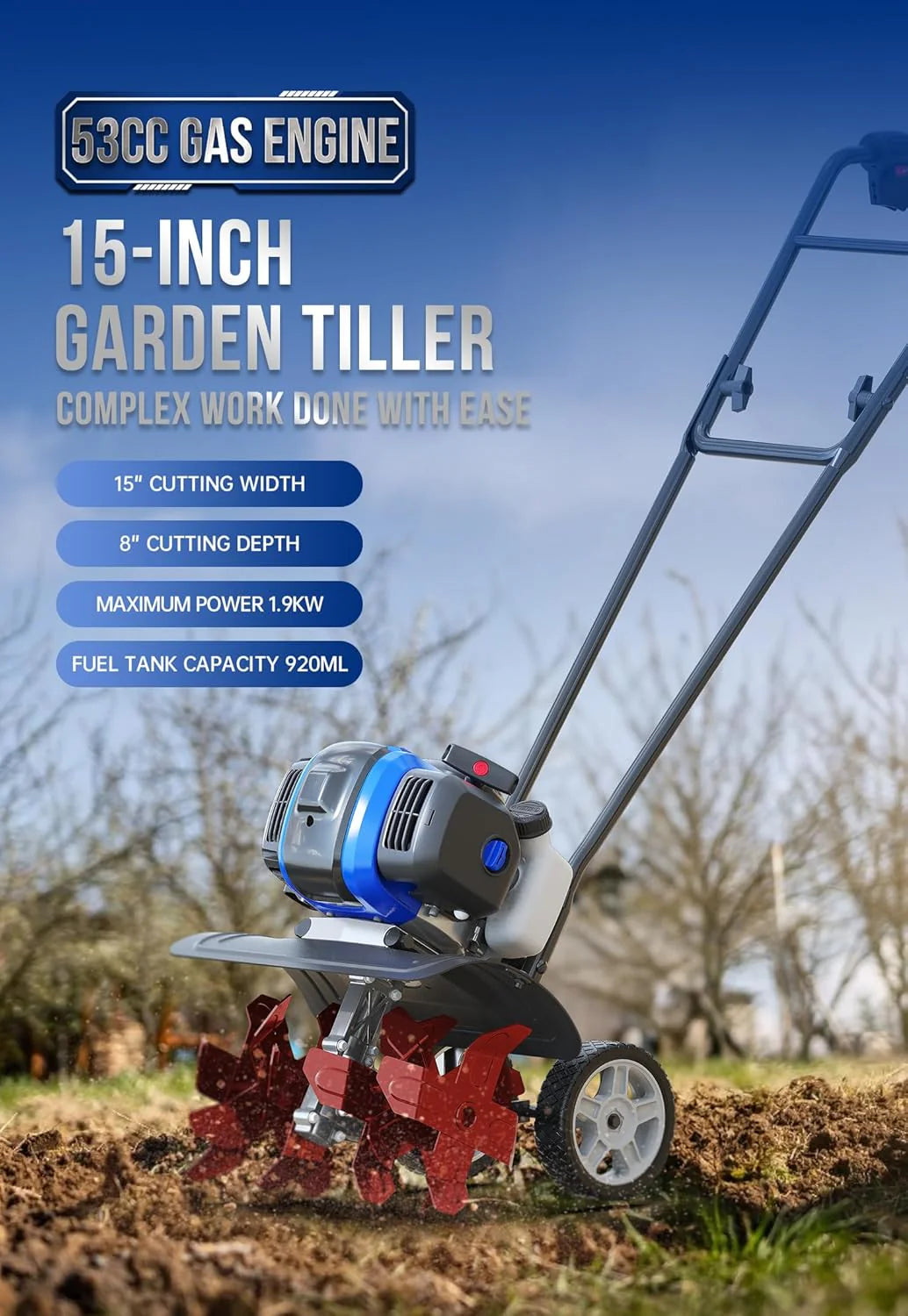 Garden Tiller 53cc Mini Cultivator 15 inch Powerful Liftable Booster Rod Tilling Tool for Lawn, Garden and Field Soil Cultivation